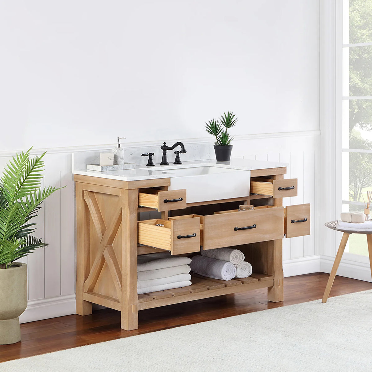 Center and side drawers open on the five-drawer 48 inch vanity