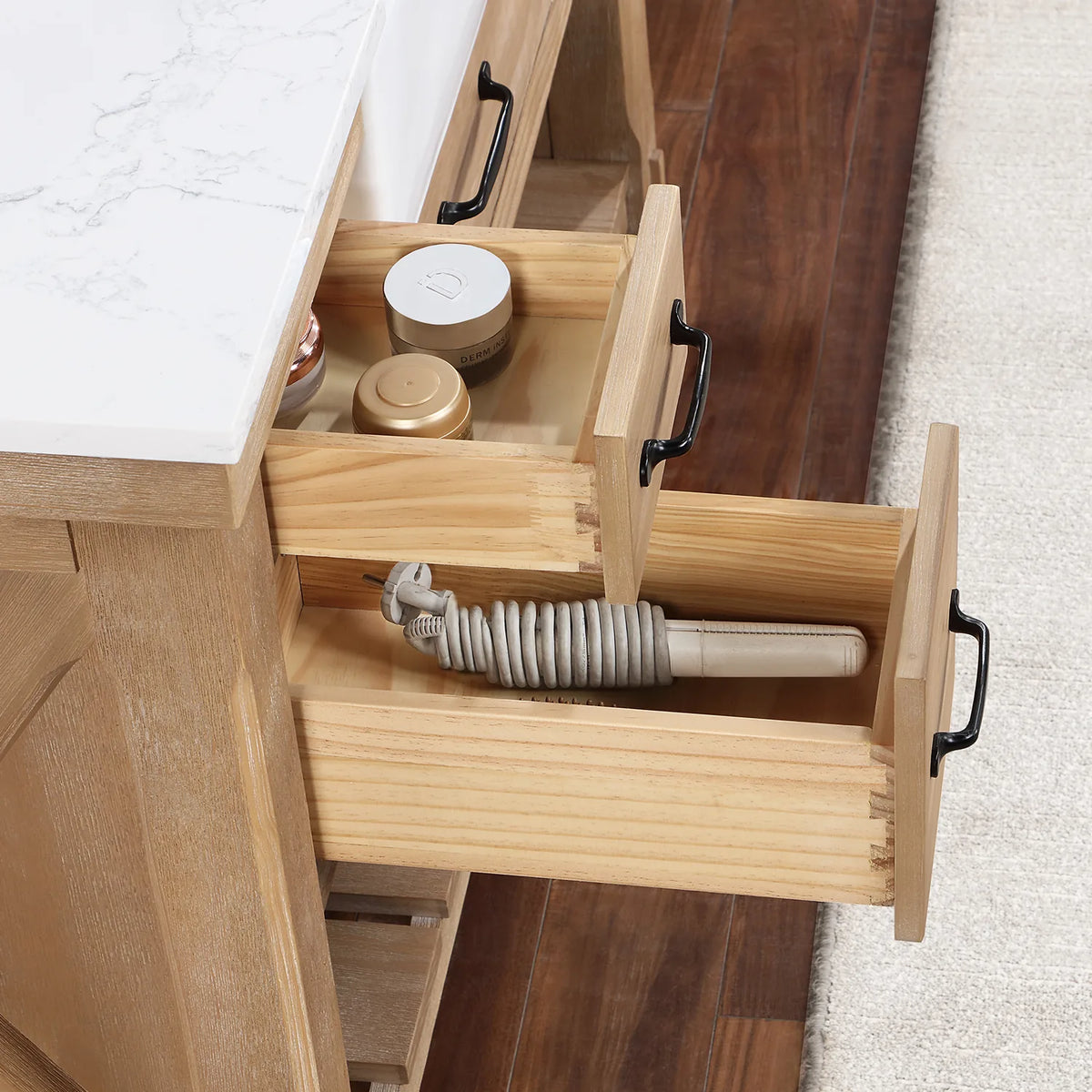 Narrow drawers open, wood boxes with dovetail corners
