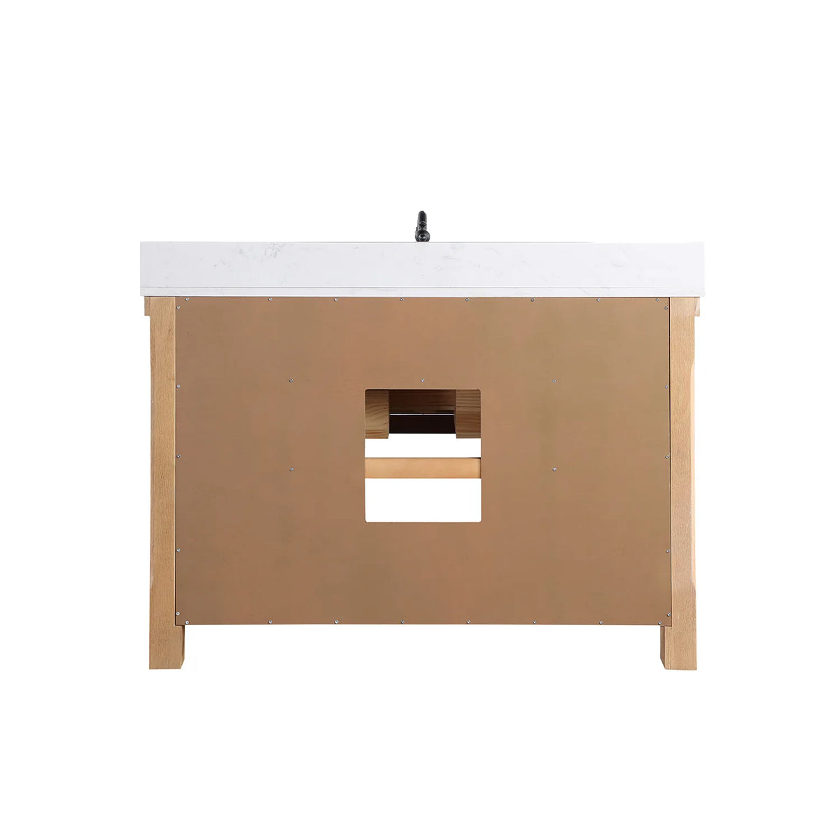 Back of the vanity with the solid back panel and plumbing opening, white background