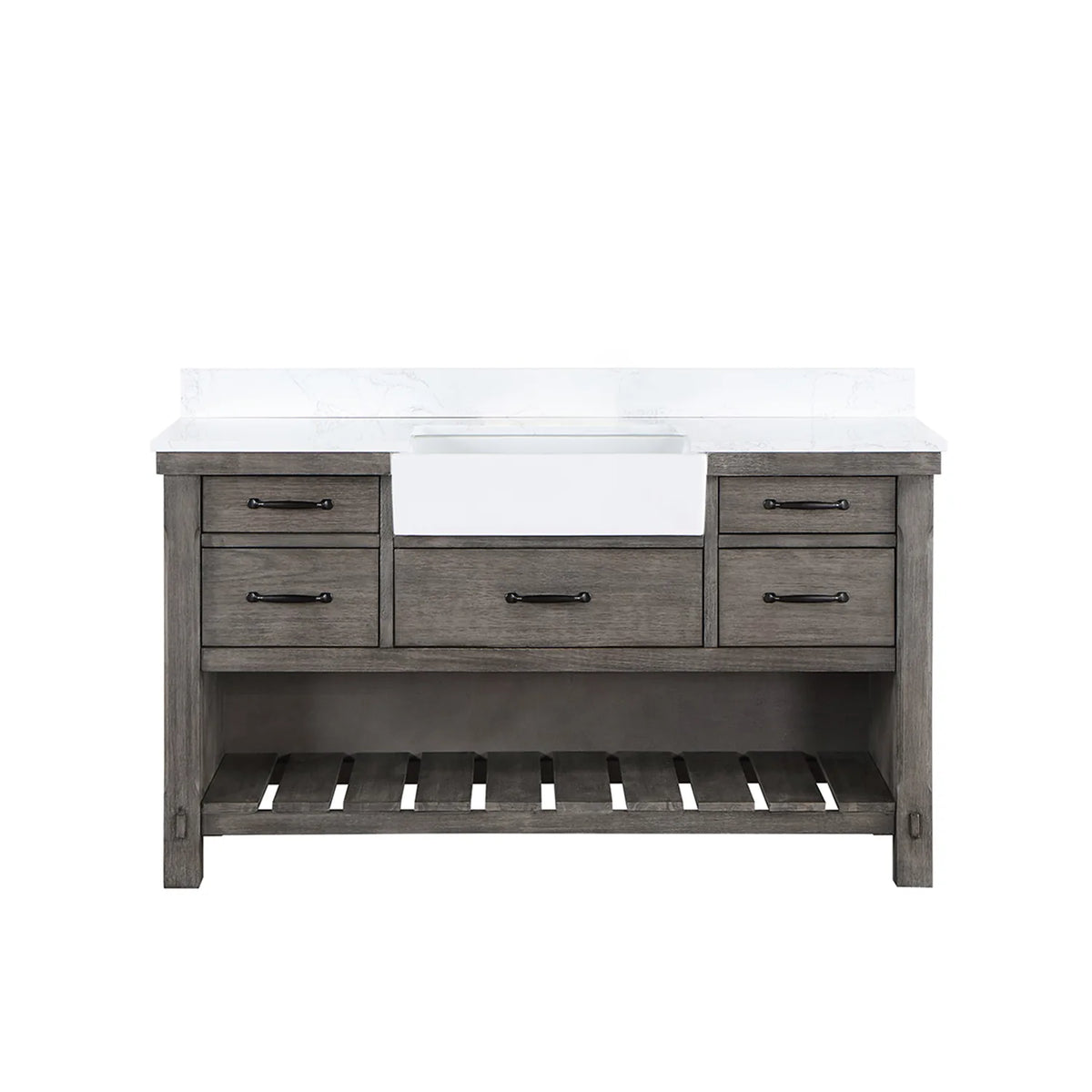 Classical Grey 60 inch single bathroom vanity, white composite stone top and slatted open shelving, white background