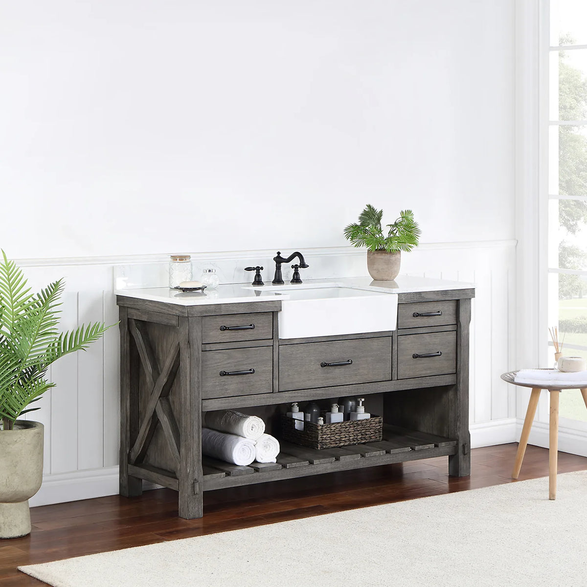 Side-angle shot of the crossed brace on the vanity side panel and the slatted open shelving