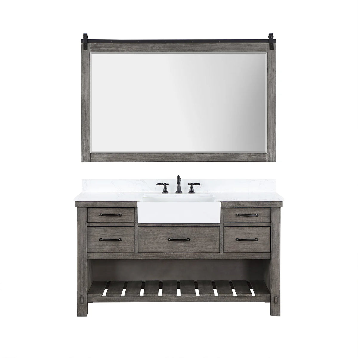Wood-framed mirror paired with the Classical Grey vanity, front-on against white