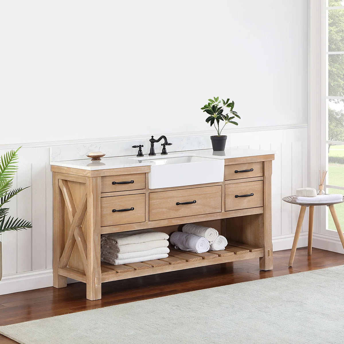 Side-angle shot of the crossed brace on the vanity side panel and the slatted open shelving