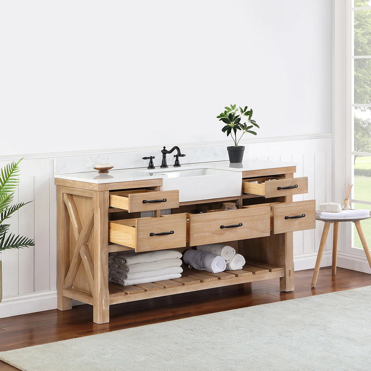Center and side drawers open on the five-drawer 60 inch vanity