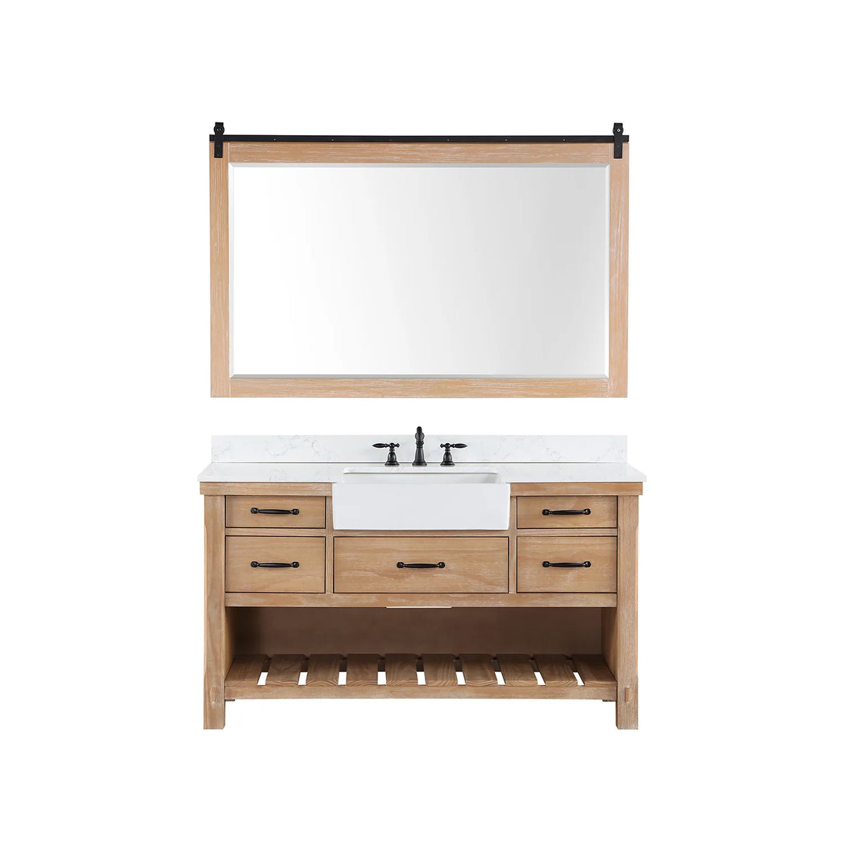 Wood-framed mirror paired with the Weathered Pine vanity, front-on against white