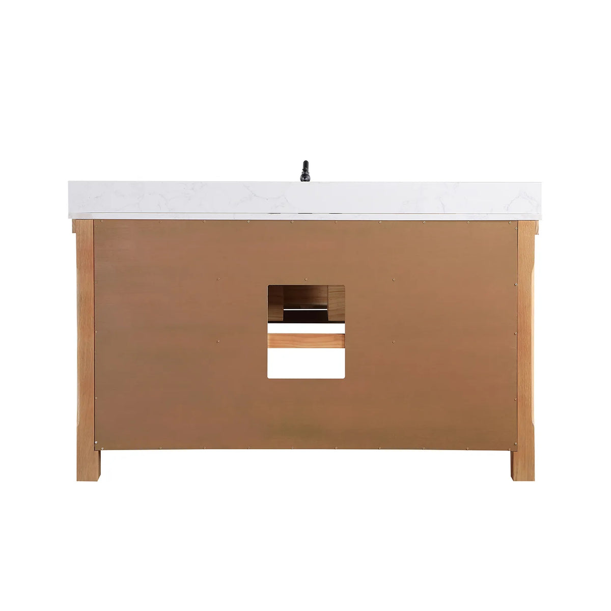 Freestanding cabinet from behind: finished back panel, cutout for pipes, open slatted shelving below