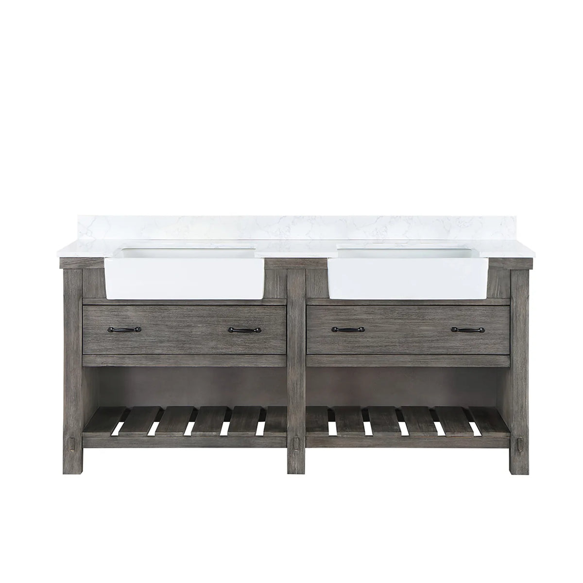 Classical Grey 72 inch double bathroom vanity with a composite stone surface and slatted open shelving below