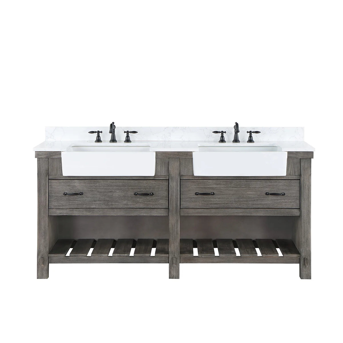 Widespread faucet installed on the white stone top, faucet sold separately, with two drawers and open shelving below