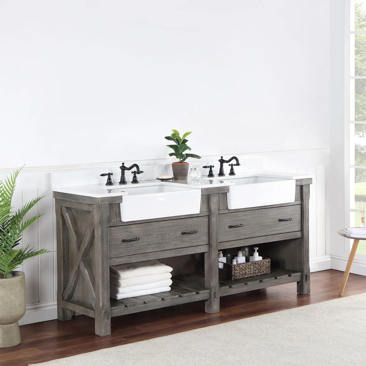 Side-angle shot of the crossed brace on the vanity side panel and the slatted open shelving