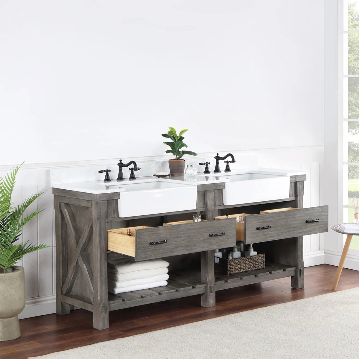 Drawers open on the double vanity, shelving and baskets visible underneath