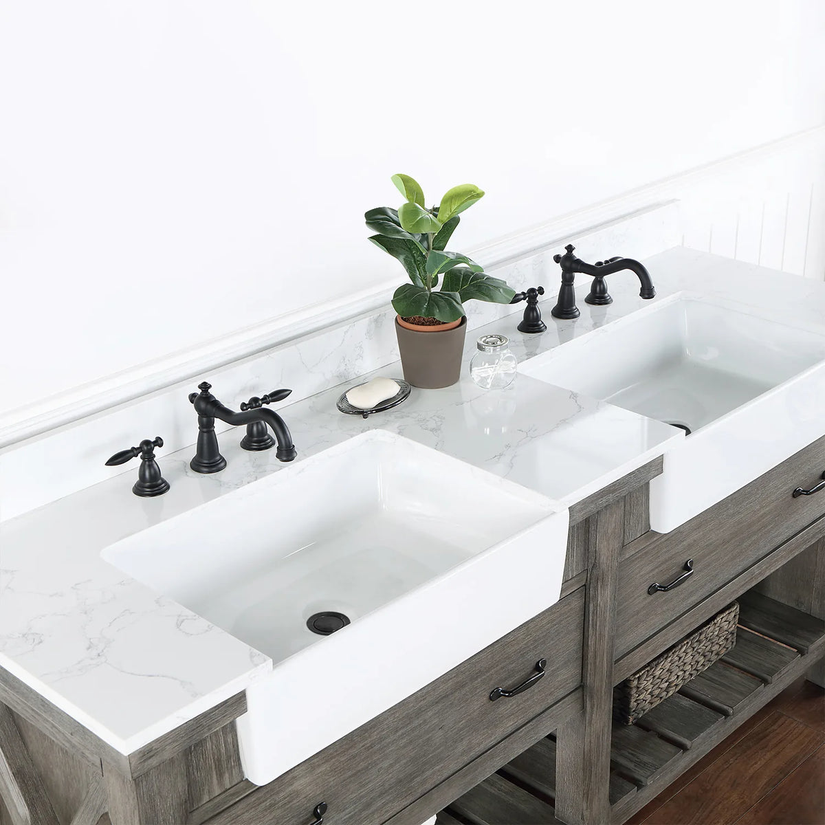 Angle across the backsplash and stone top with a black widespread faucet (sold separately)