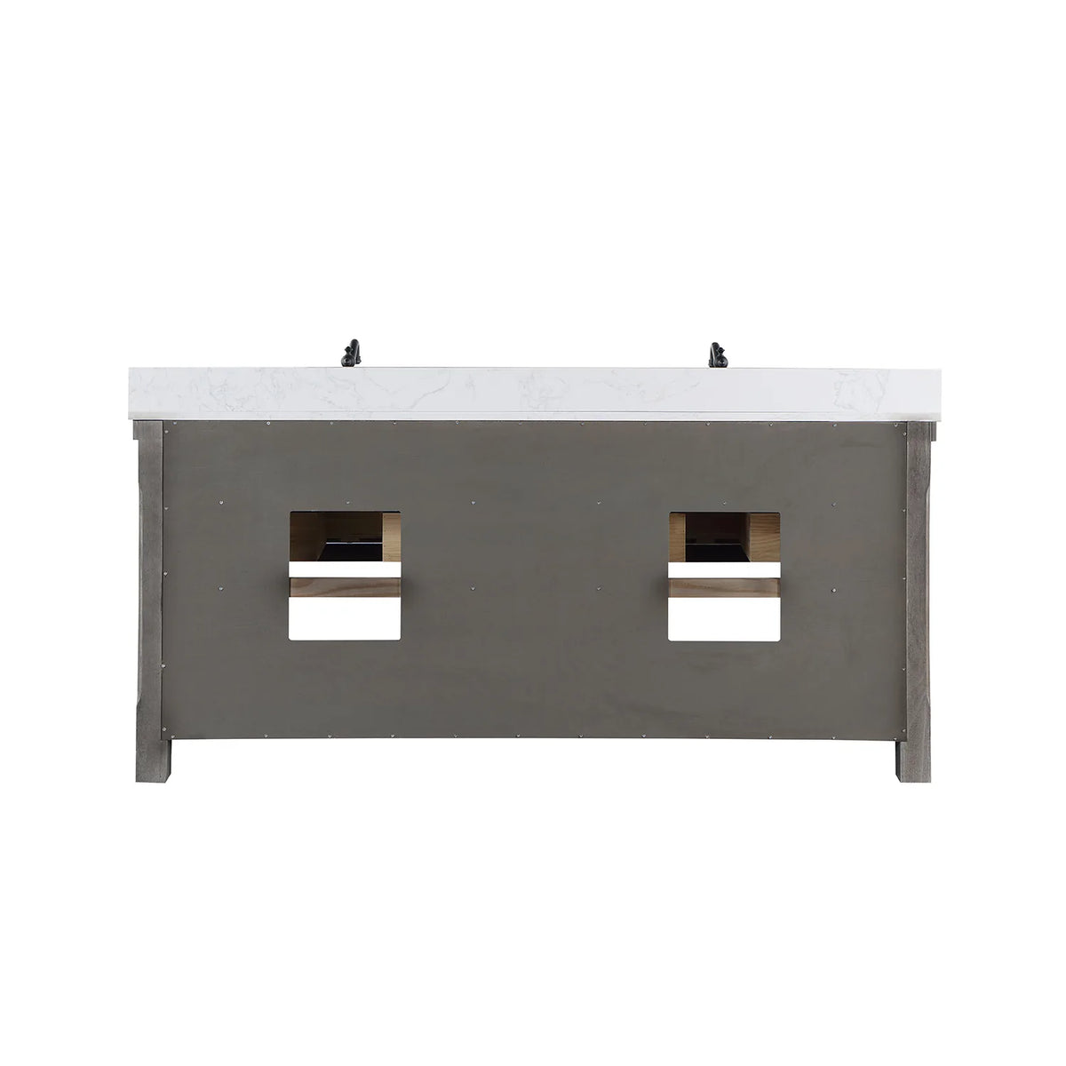 Back of the vanity with the solid back panel and plumbing opening, white background