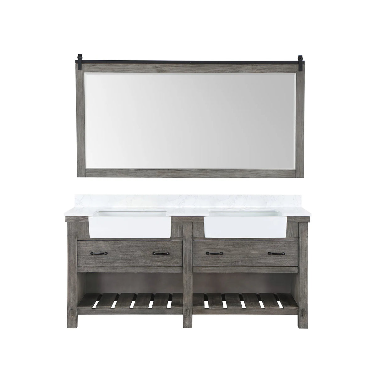 Classical Grey cabinet beneath a framed mirror: two drawers, open shelving below, plain white backdrop
