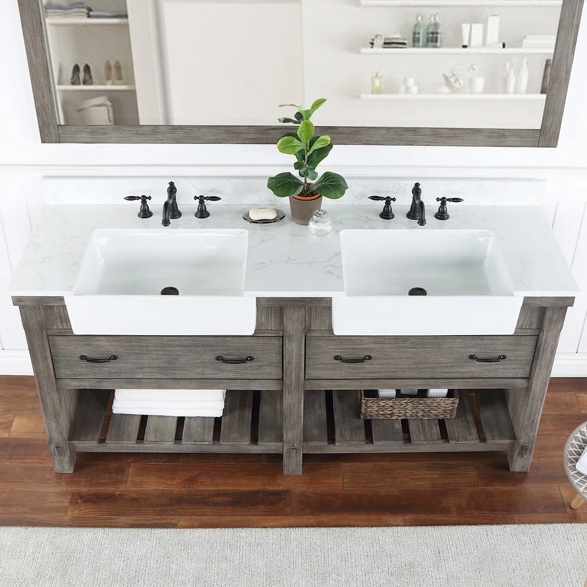 Stone top in a tighter crop, matte black pulls on the drawer fronts below