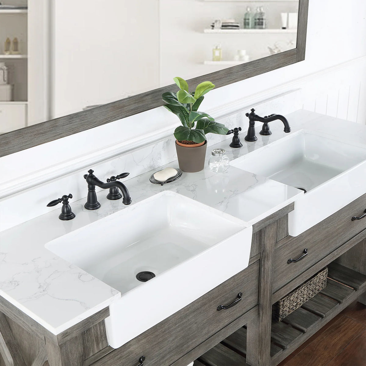 Side-on crop of the backsplash, stone surface and a faucet in black