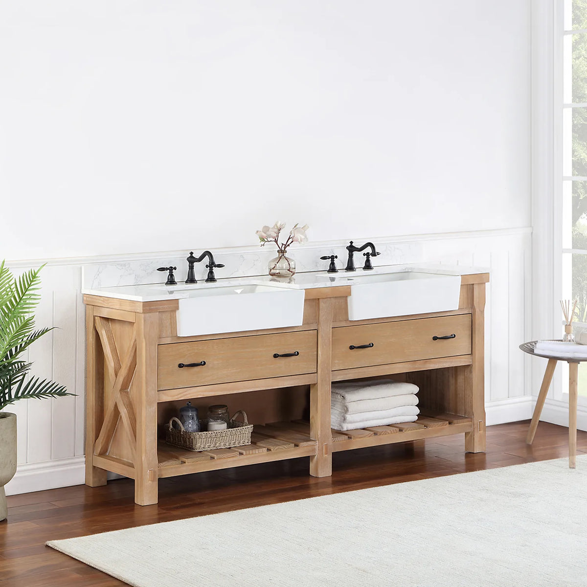 Side-angle shot of the crossed brace on the vanity side panel and the slatted open shelving