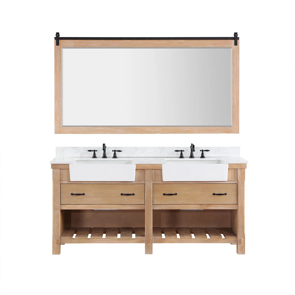 Wood-framed mirror paired with the Weathered Pine vanity, front-on against white