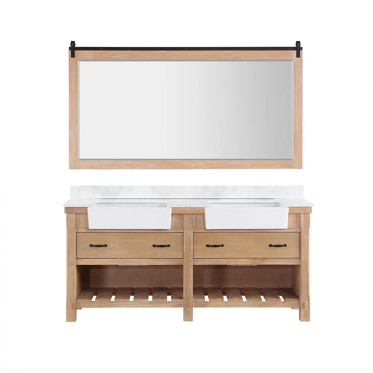 Weathered Pine cabinet beneath a framed mirror: two drawers, open shelving below, plain white backdrop