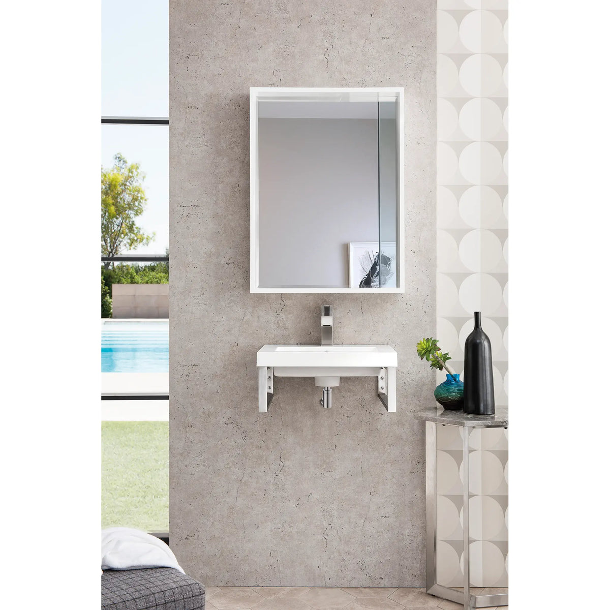 Boston 15.25" Two Wall Brackets w/ 20" White Glossy Composite Stone Top-Brushed Nickel image 1