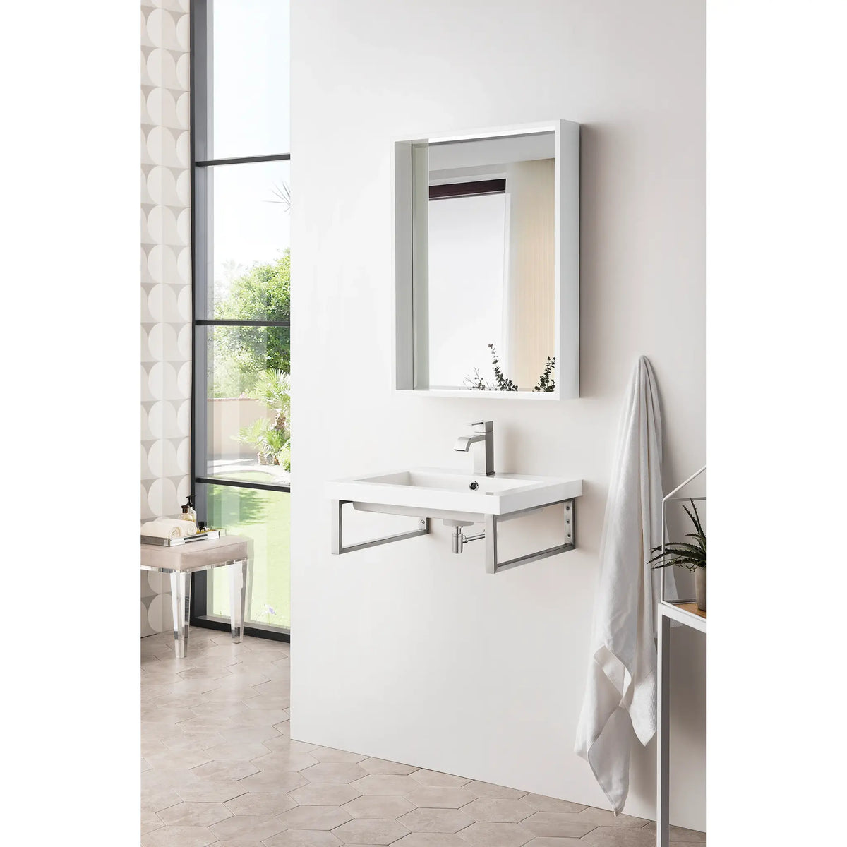 Boston 18" Two Wall Brackets w/ 23.6" White Glossy Composite Stone Top-Brushed Nickel image 2