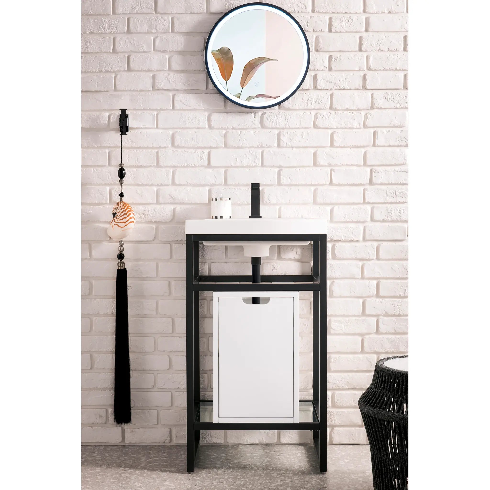 Boston 20" Single Console Vanity Glossy White Storage, White Glossy Composite Stone-Matte Black image 1