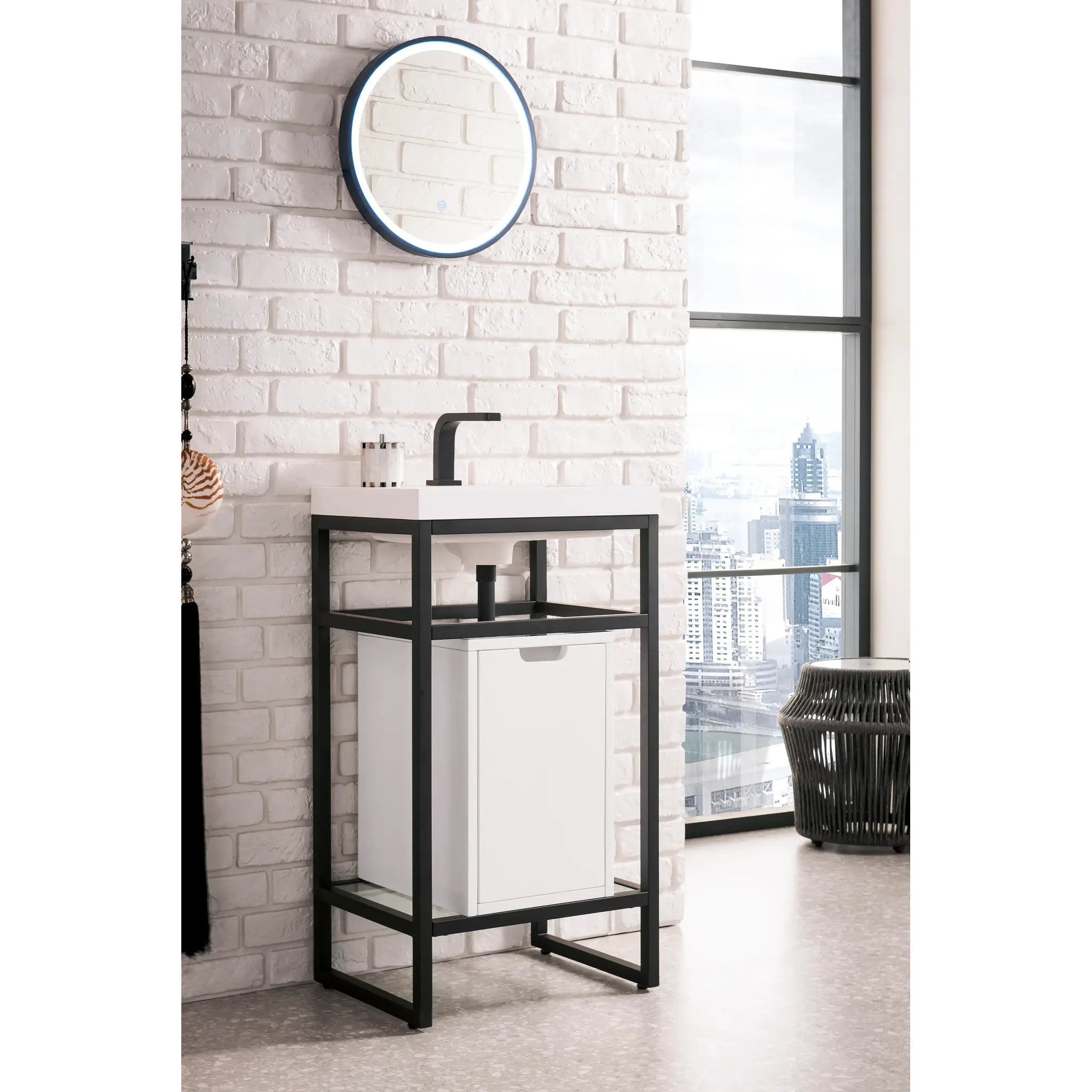 Boston 20" Single Console Vanity Glossy White Storage, White Glossy Composite Stone-Matte Black image 2