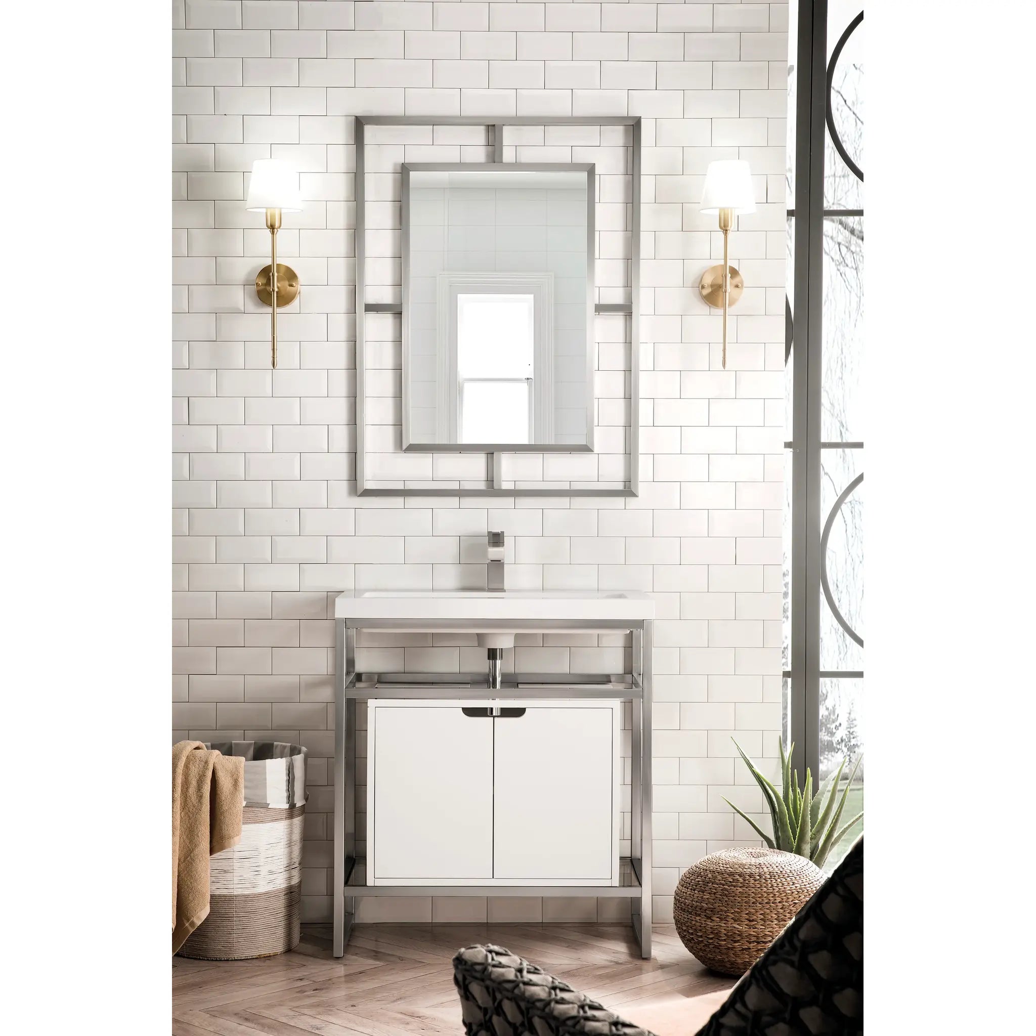 Boston 31.5" Single Console Vanity Gloss White Storage, White Gloss Composite Stone-Brushed Nickel image 1