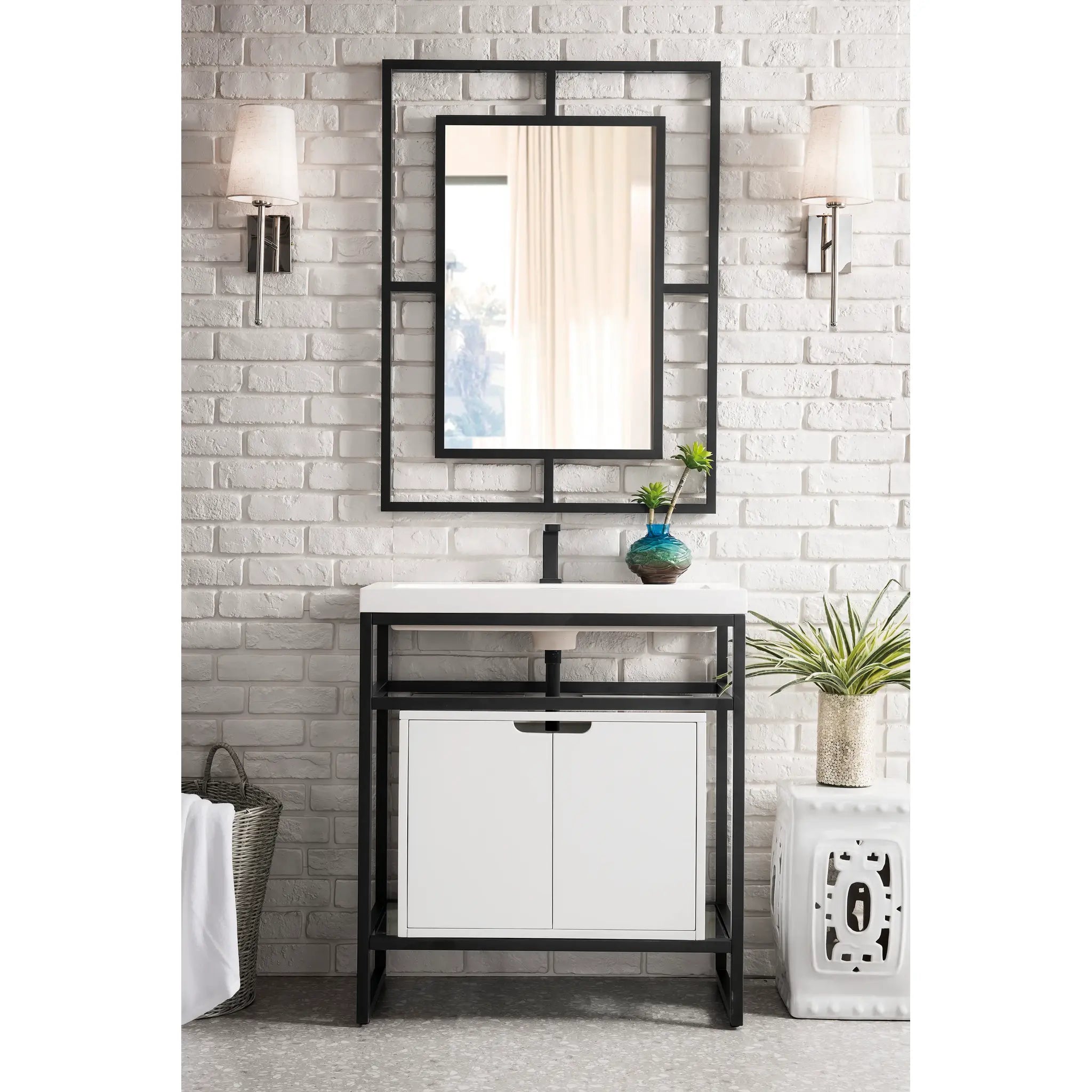 Boston 31.5" Single Console Vanity Gloss White Storage, White Gloss Composite Stone-Matte Black image 1