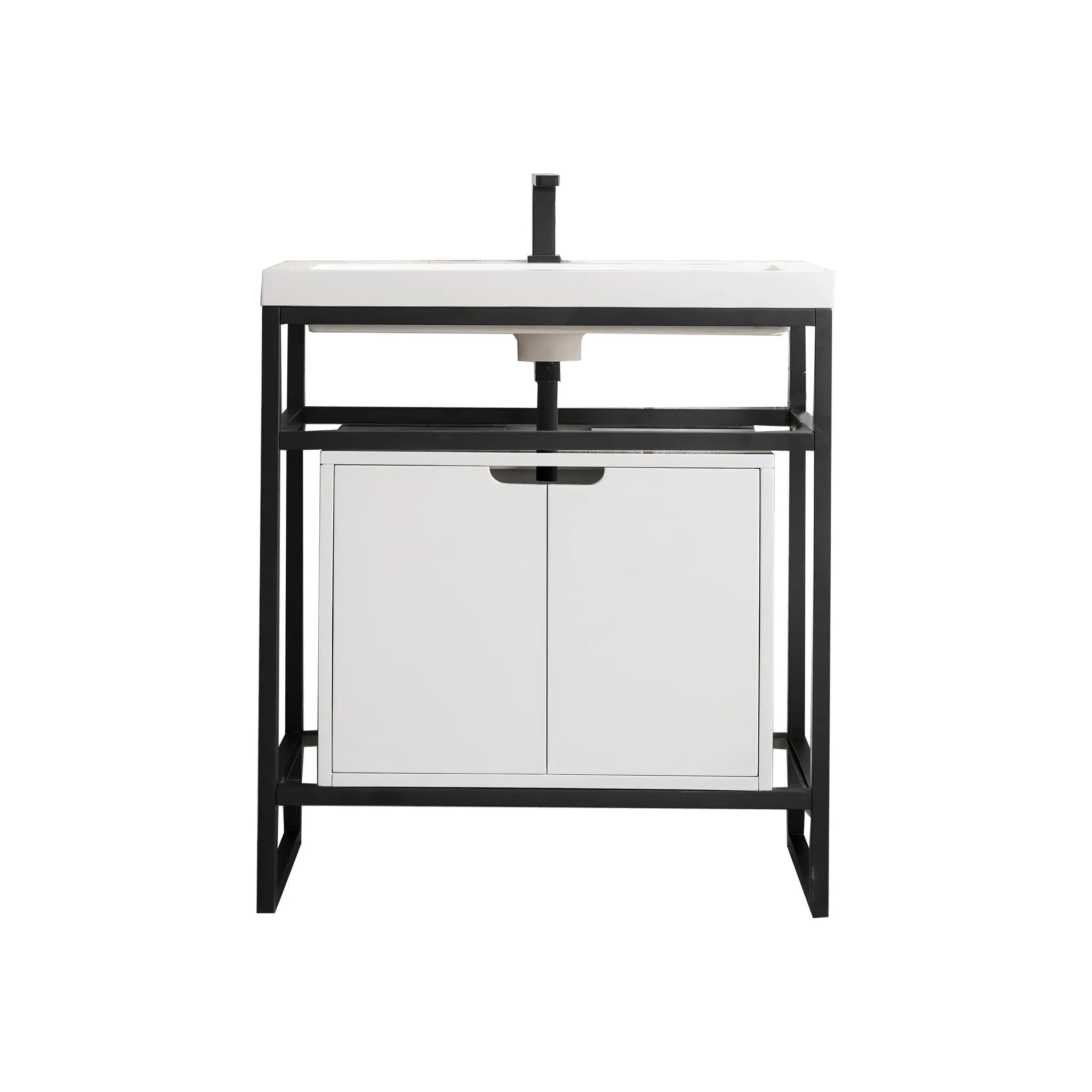 Boston 31.5" Single Console Vanity Gloss White Storage, White Gloss Composite Stone-Matte Black image