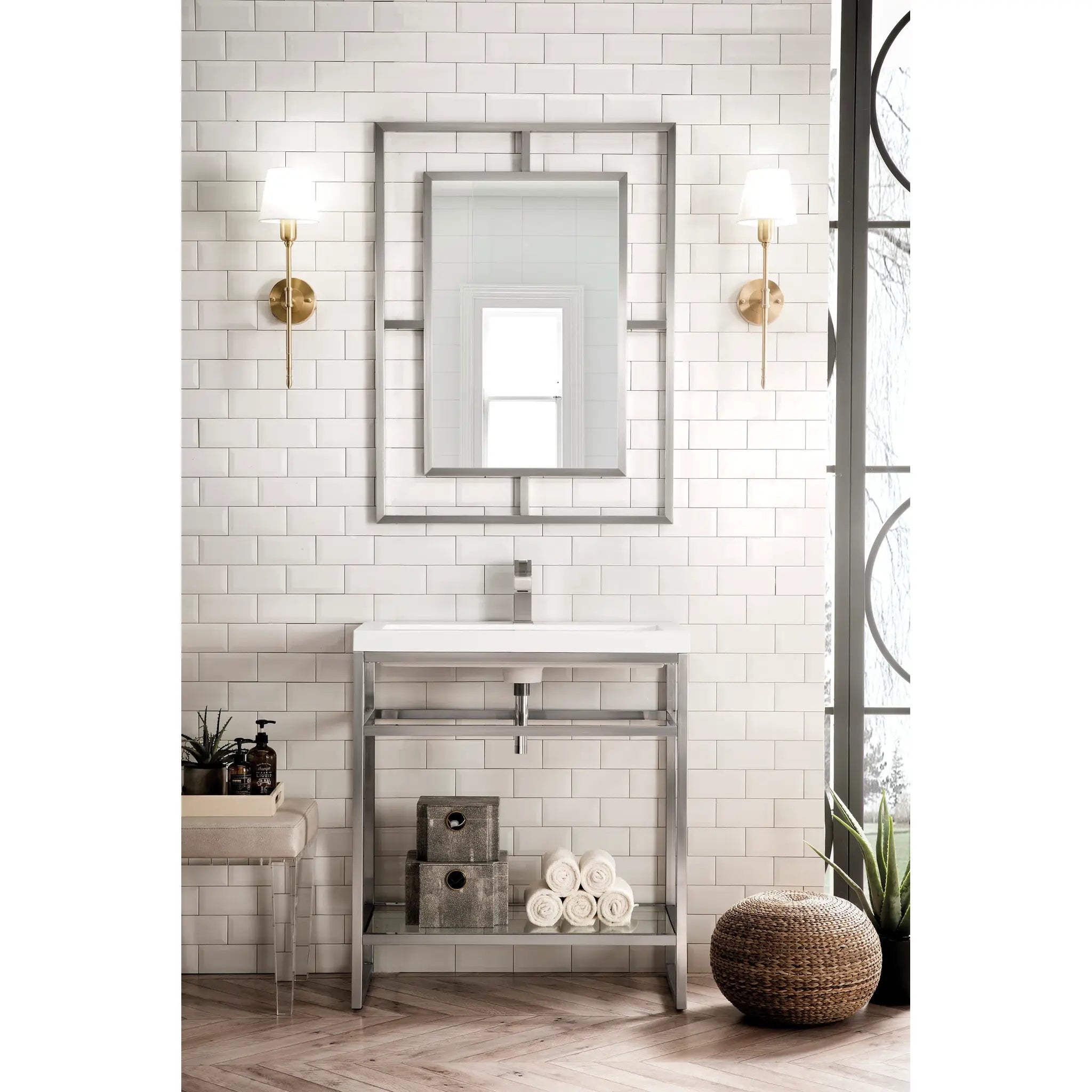 Boston 31.5" Single Console Vanity w/ White Glossy Composite Stone Top-Brushed Nickel image 1