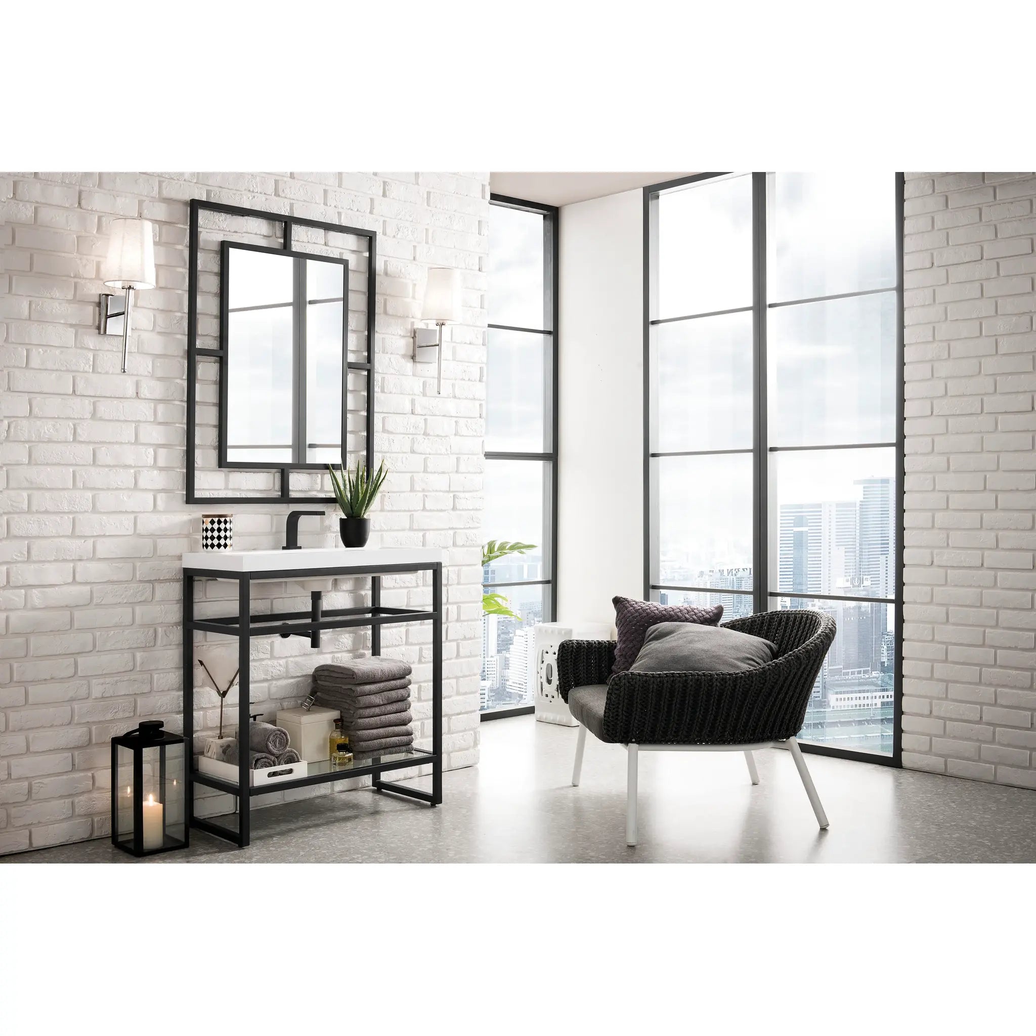 Boston 31.5" Single Console Vanity w/ White Glossy Composite Stone Top-Matte Black image 2