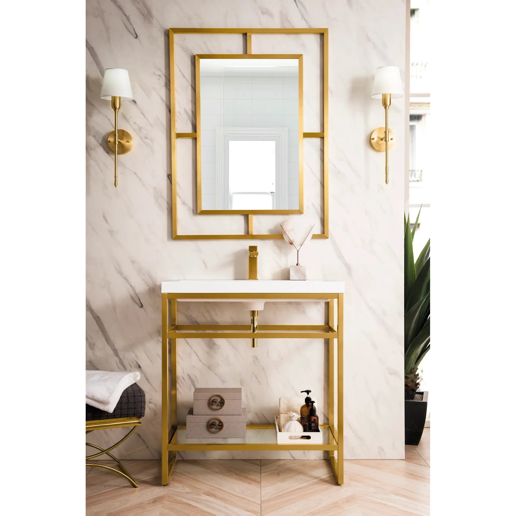 Boston 31.5" Single Console Vanity w/ White Glossy Composite Stone Top-Radiant Gold image 1