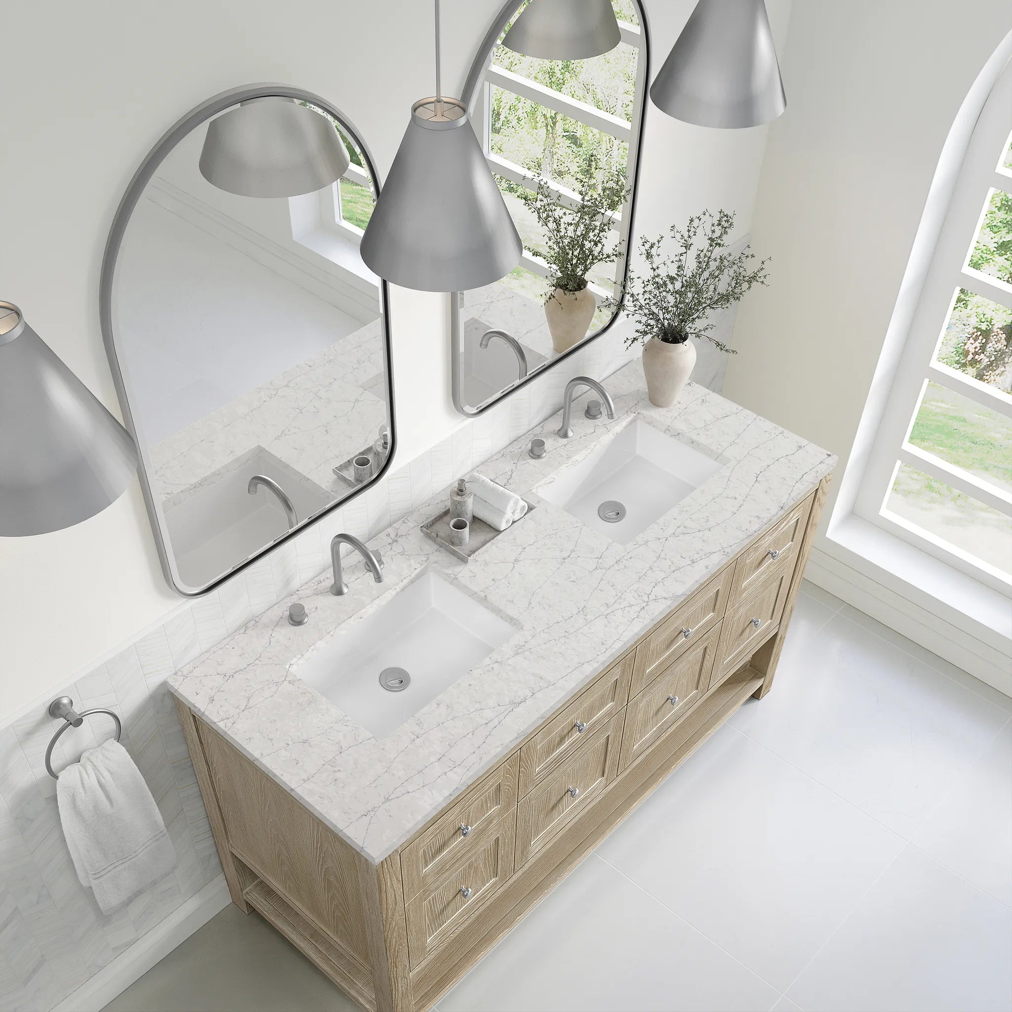 Breckenridge 60" Double Vanity in Whitewashed Oak Wireless Charger-Eternal Jasmine Pearl Silestone-8" Widespread image 8