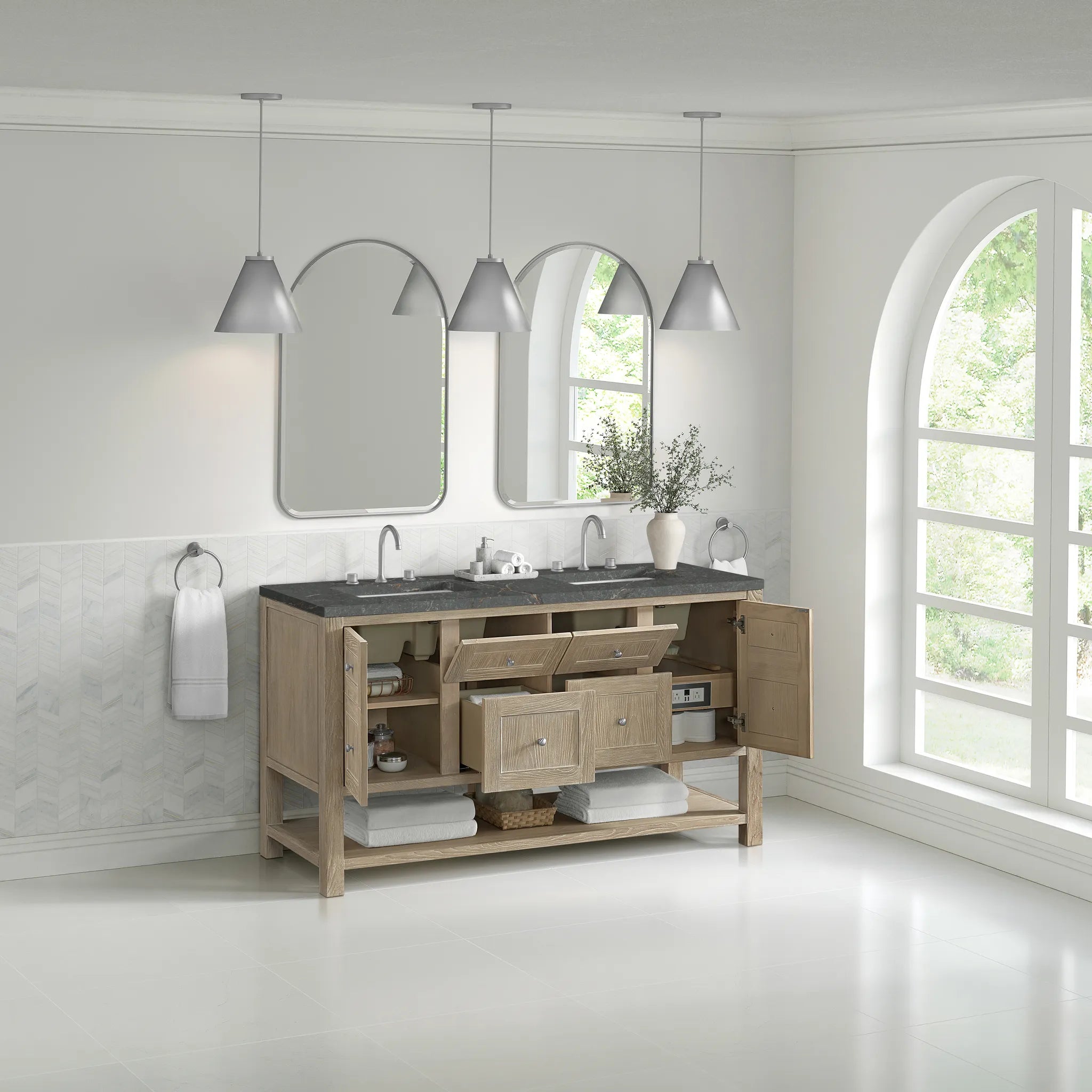 Breckenridge 60" Double Vanity in Whitewashed Oak Wireless Charger-Parisien Bleu Silestone-8" Widespread image 6