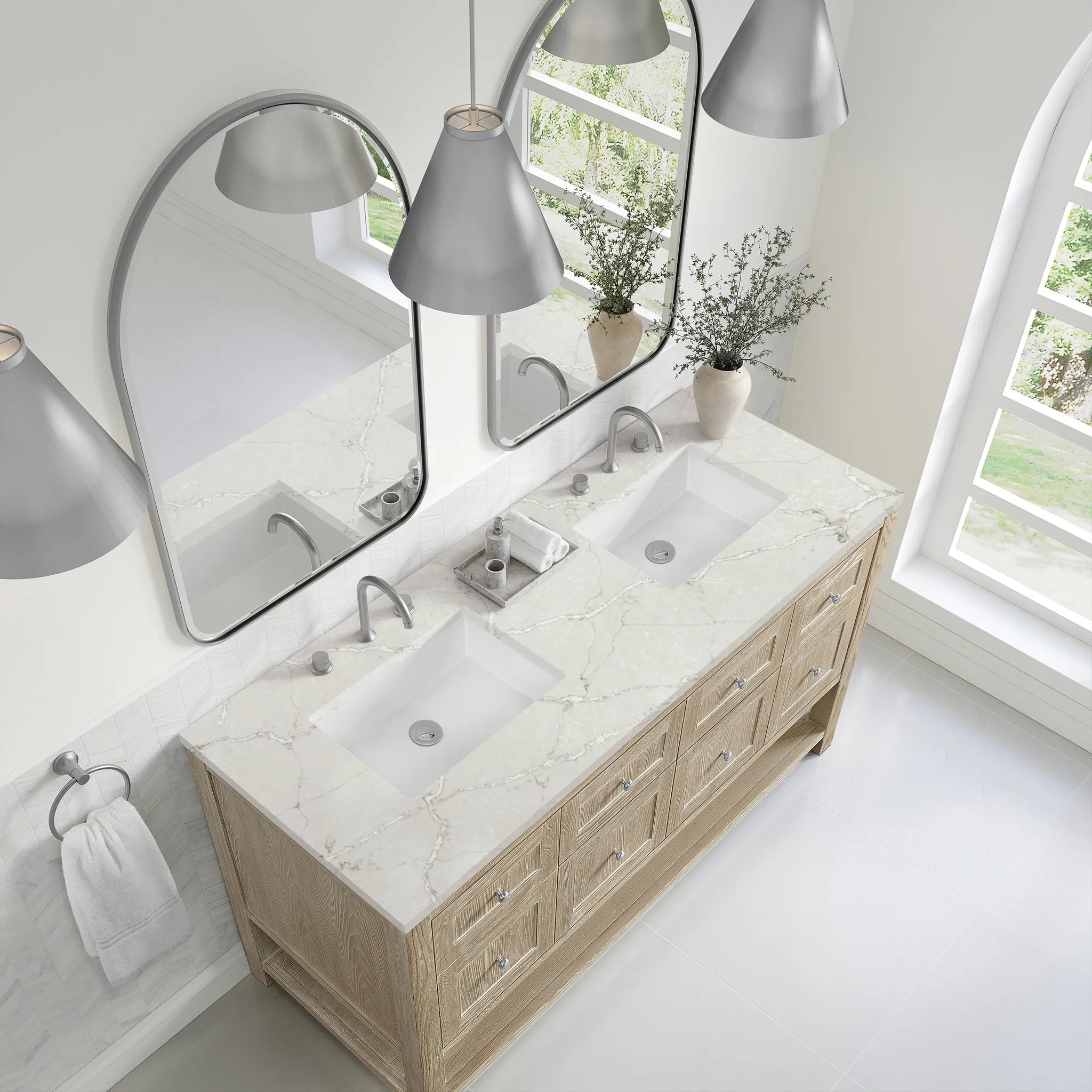 Breckenridge 60" Double Vanity in Whitewashed Oak Wireless Charger-Victorian Silver Silestone-8" Widespread image 8