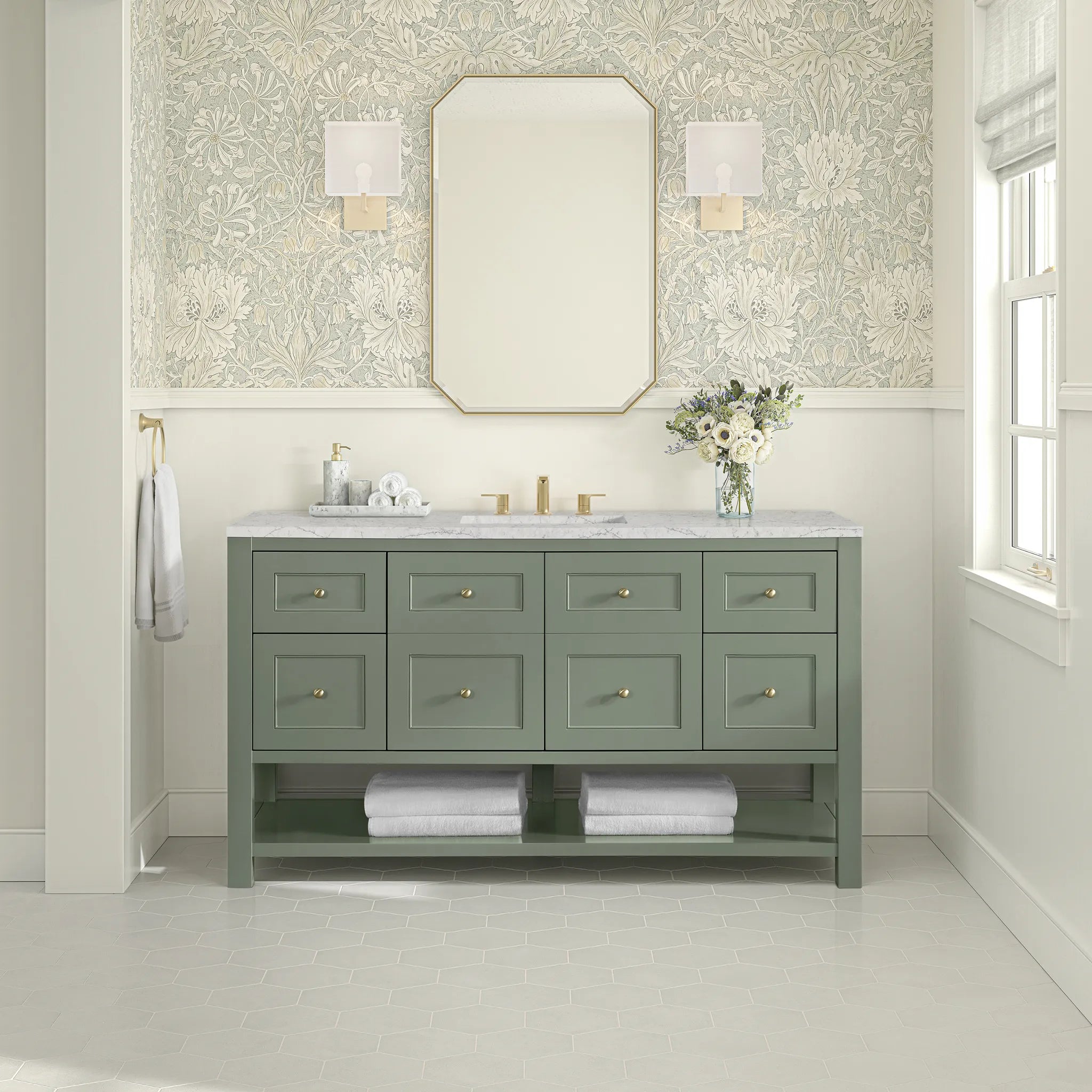 Breckenridge 60" Single Vanity in Smokey Celadon, Wireless Charger-Eternal Jasmine Pearl Silestone-8" Widespread image 4