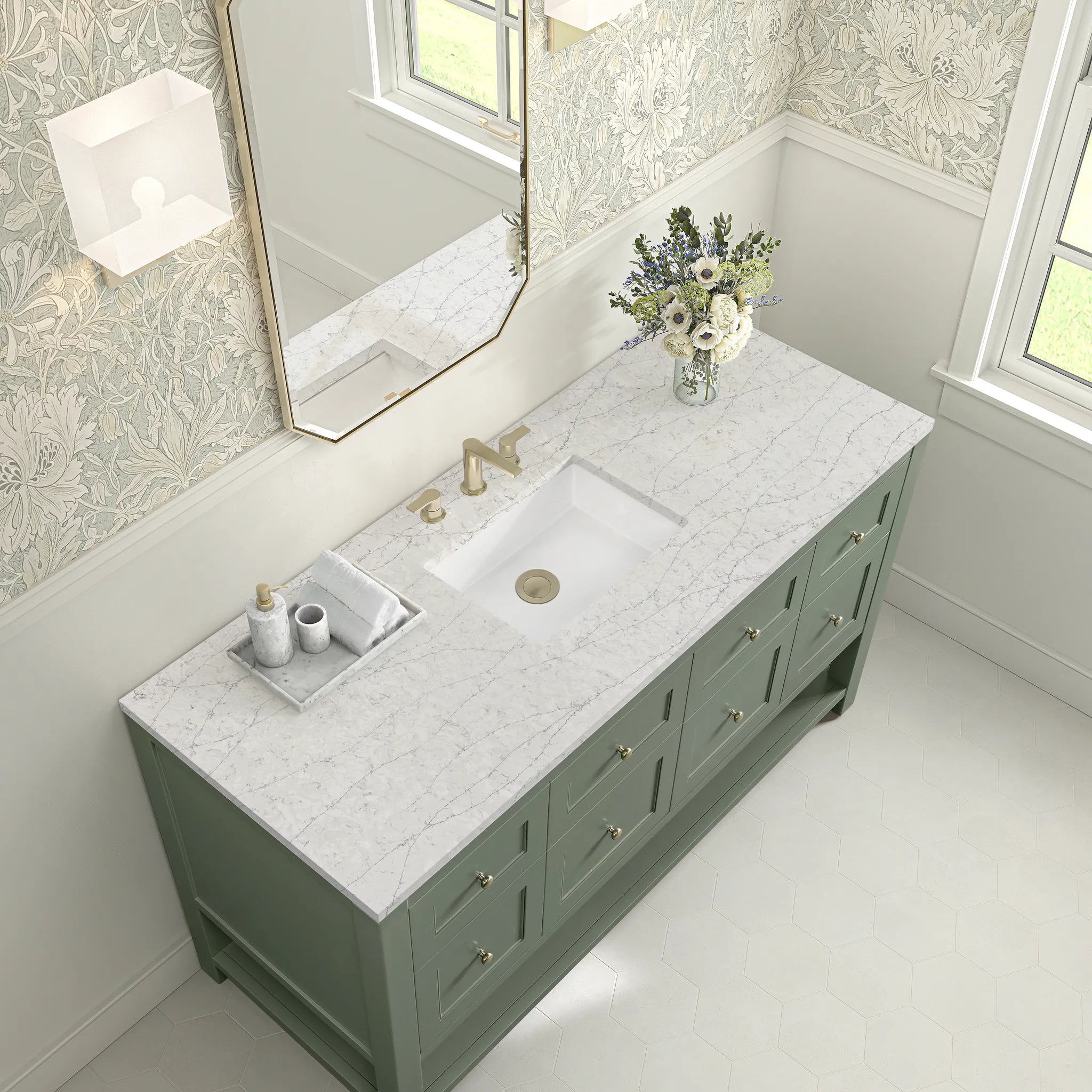 Breckenridge 60" Single Vanity in Smokey Celadon, Wireless Charger-Eternal Jasmine Pearl Silestone-8" Widespread image 8