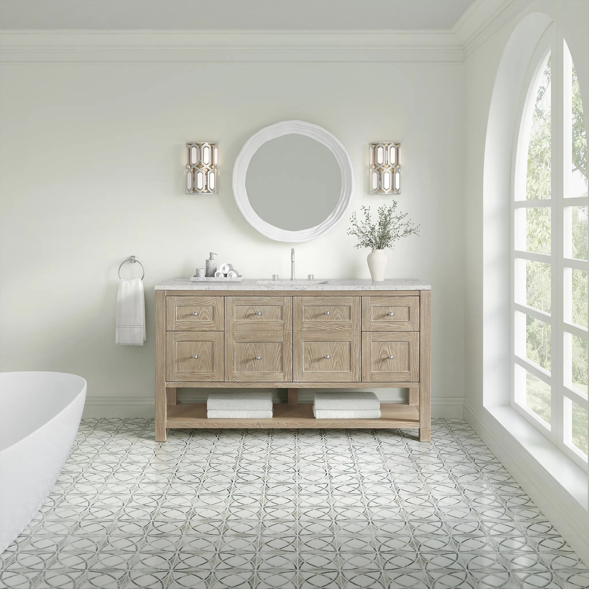 Breckenridge 60" Single Vanity in Whitewashed Oak Wireless Charger-Eternal Jasmine Pearl Silestone-8" Widespread image 4