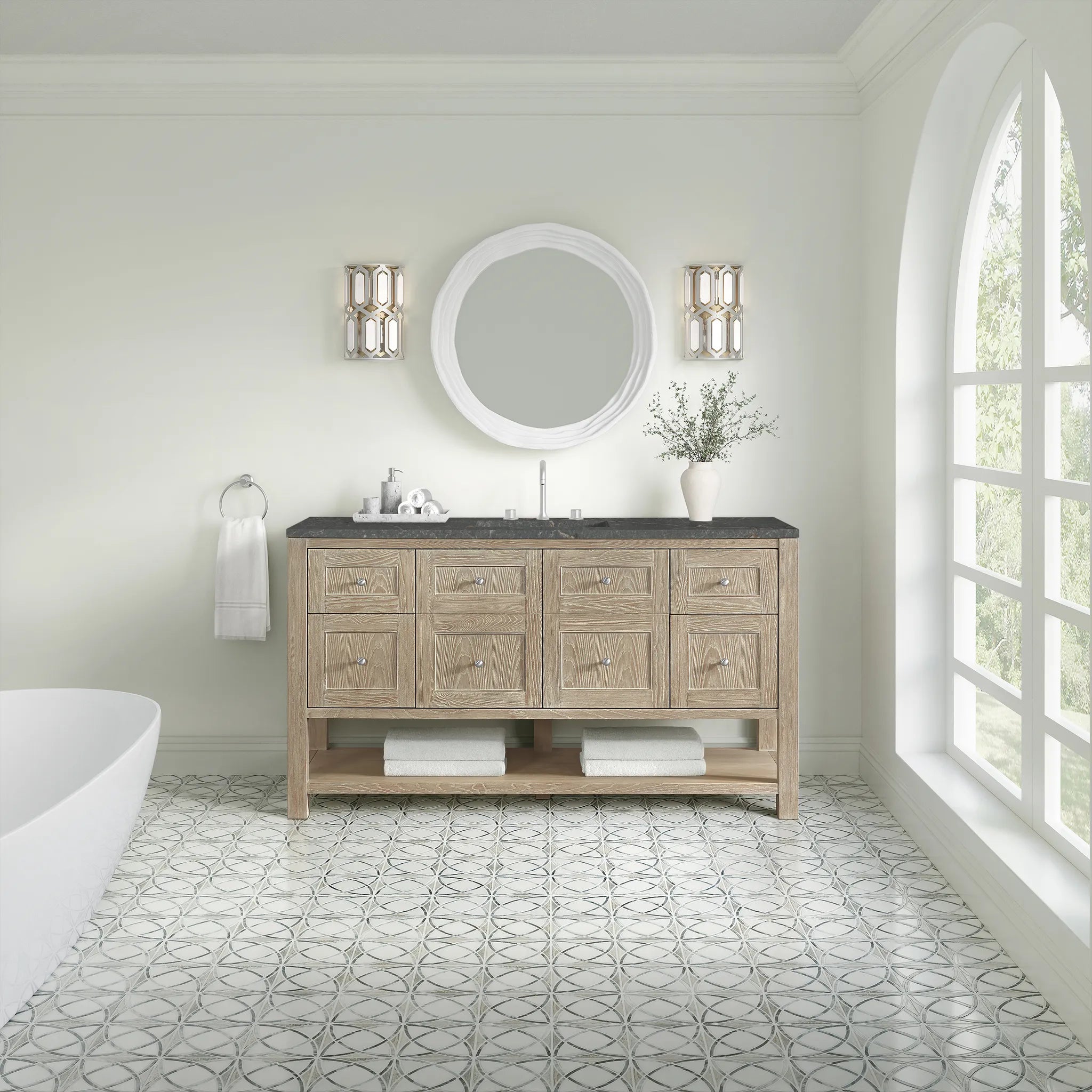Breckenridge 60" Single Vanity in Whitewashed Oak Wireless Charger-Parisien Bleu Silestone-8" Widespread image 4