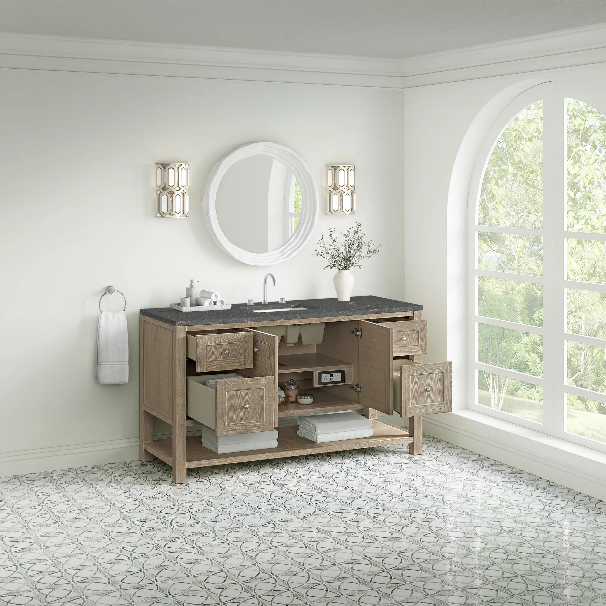 Breckenridge 60" Single Vanity in Whitewashed Oak Wireless Charger-Parisien Bleu Silestone-8" Widespread image 6