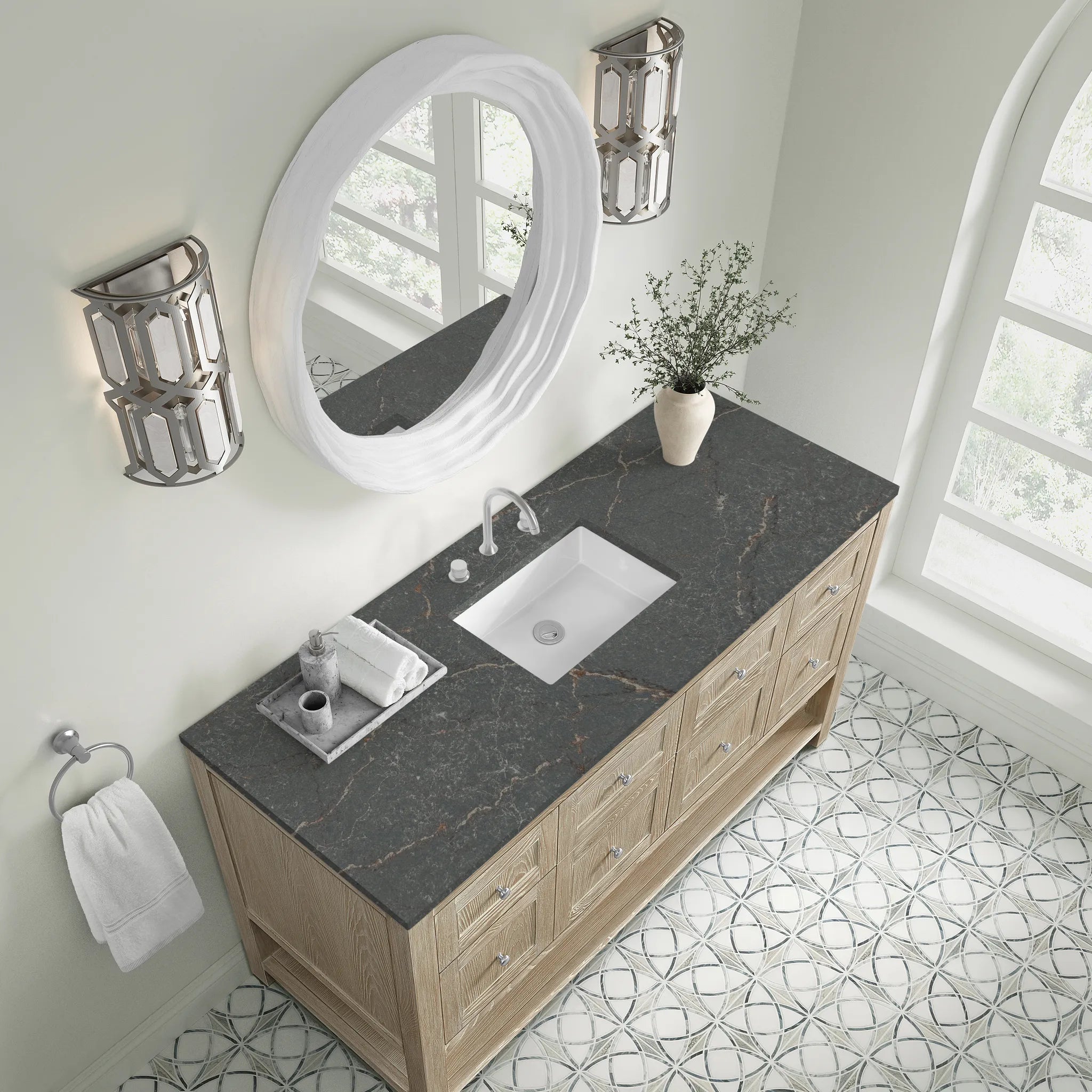 Breckenridge 60" Single Vanity in Whitewashed Oak Wireless Charger-Parisien Bleu Silestone-8" Widespread image 8