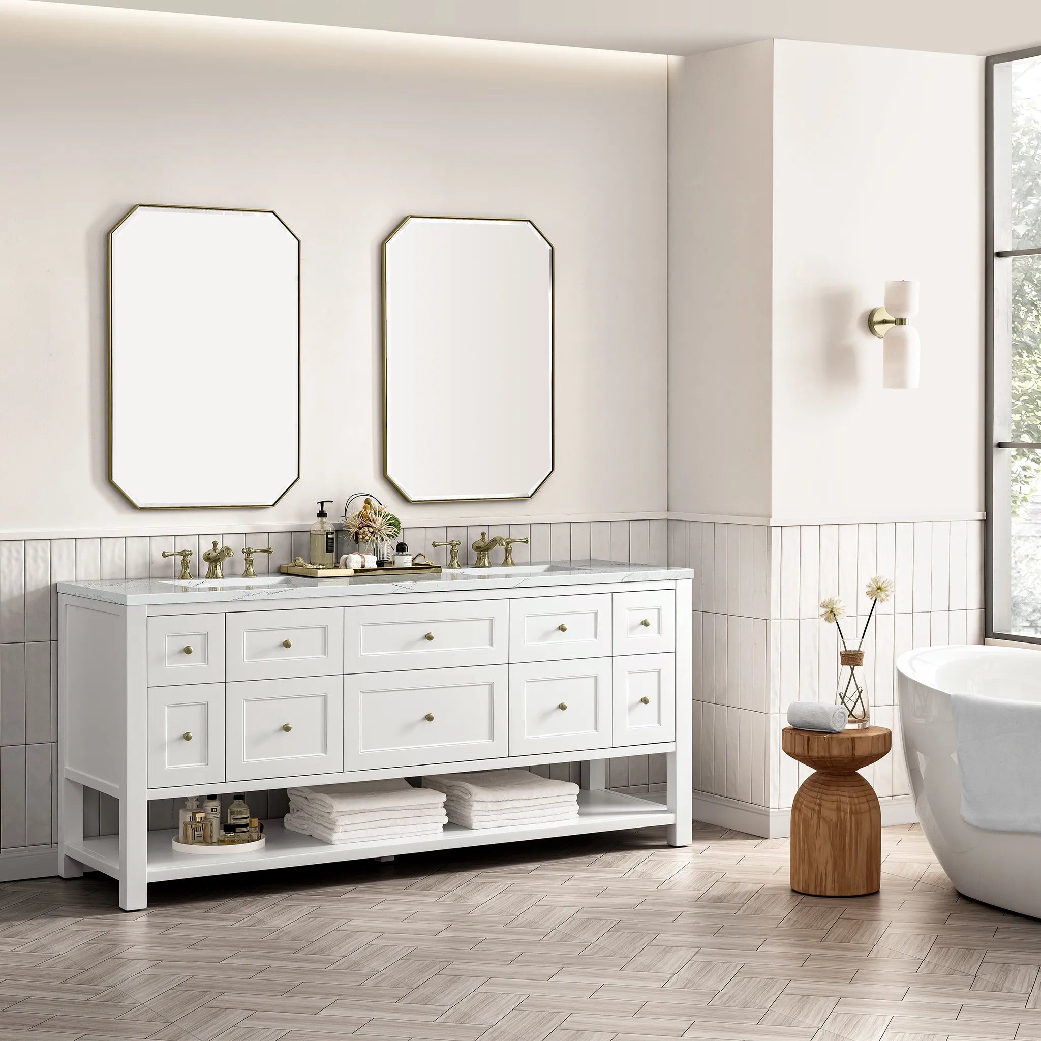 Breckenridge 72" Double Vanity Base Only in Bright White Wireless Charger-Ethereal Noctis Silestone-8" Widespread image 6