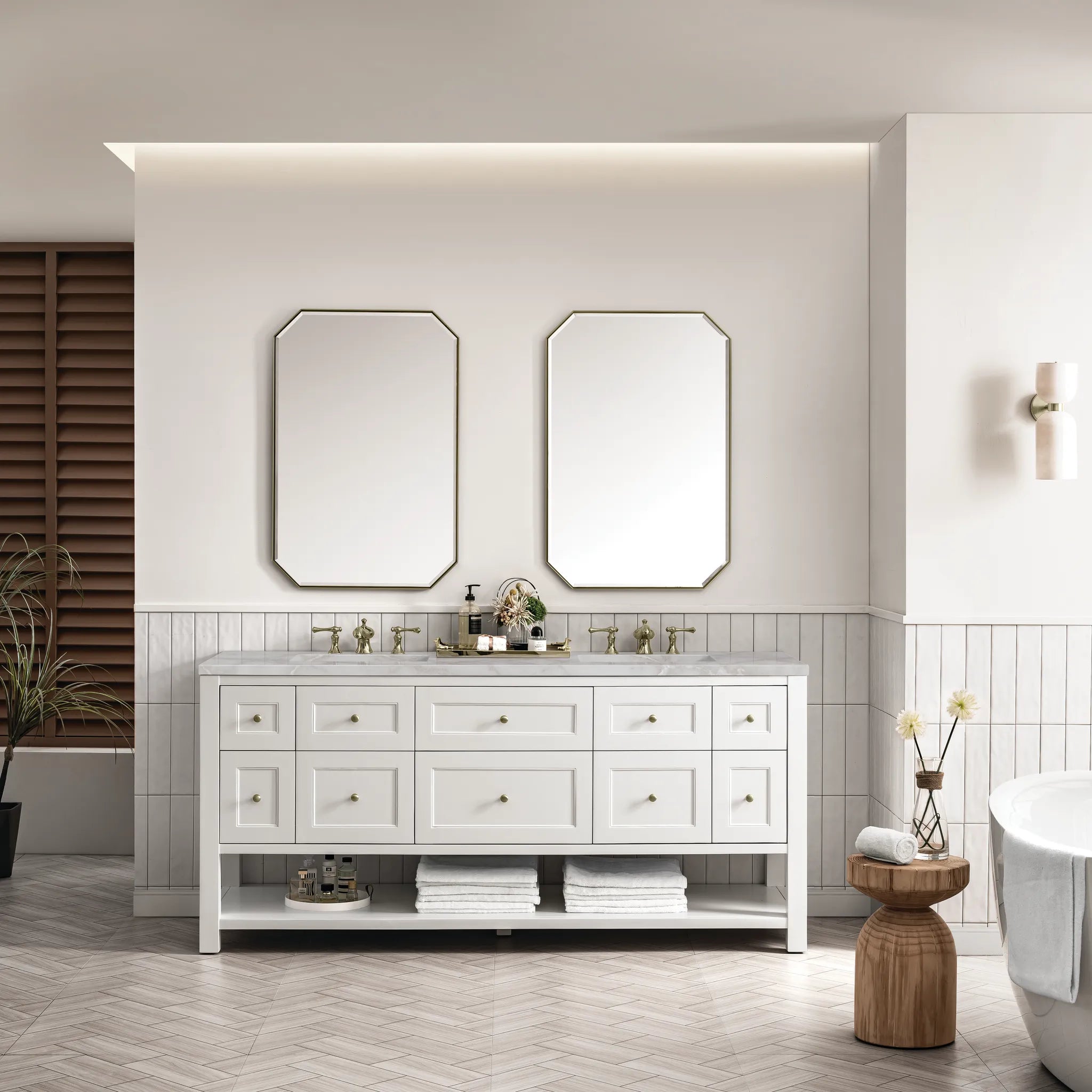 Breckenridge 72" Double Vanity Base Only in Bright White Wireless Charger-Victorian Silver Silestone-8" Widespread image 4
