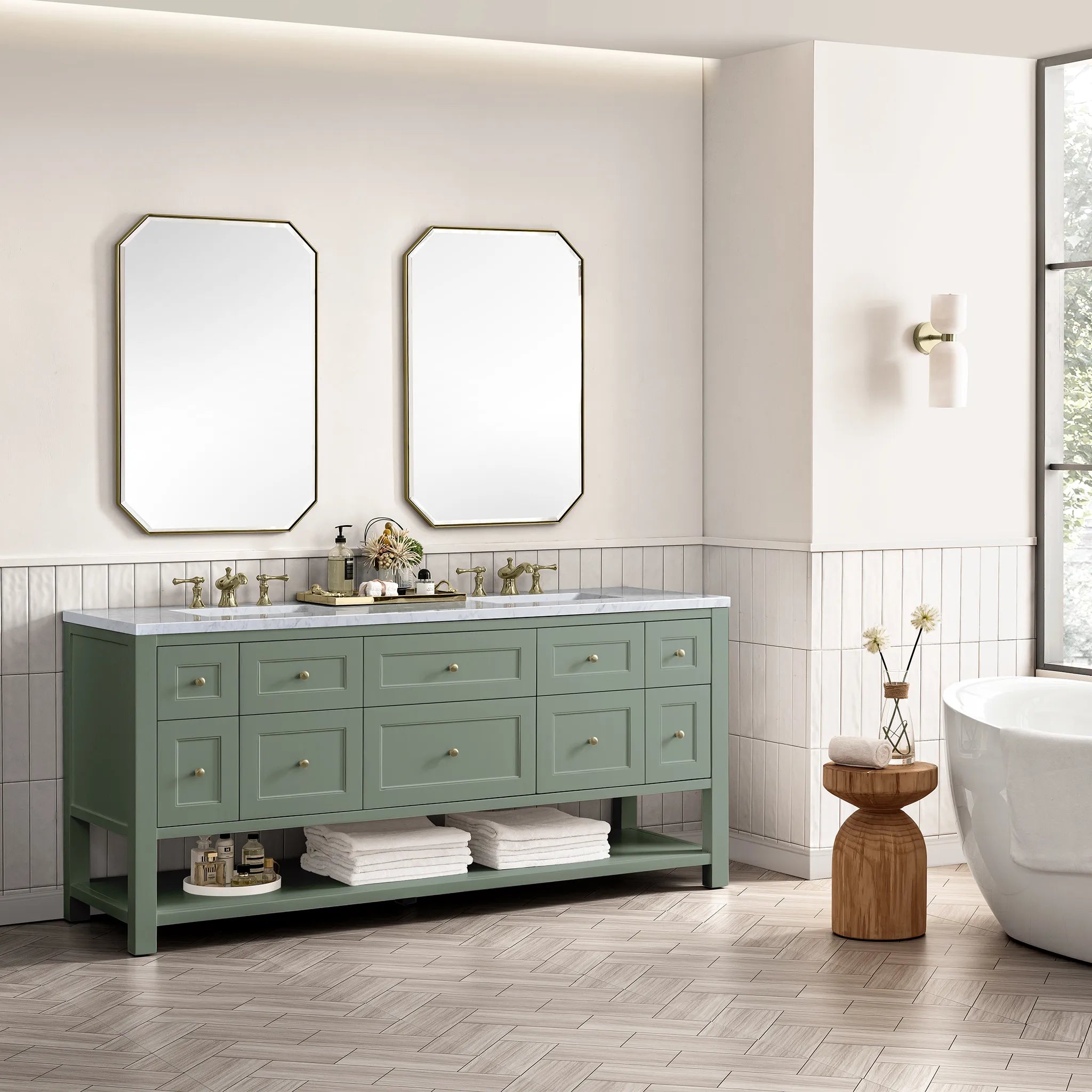 Breckenridge 72" Double Vanity in Smokey Celadon-Carrara White Marble-8" Widespread image 3
