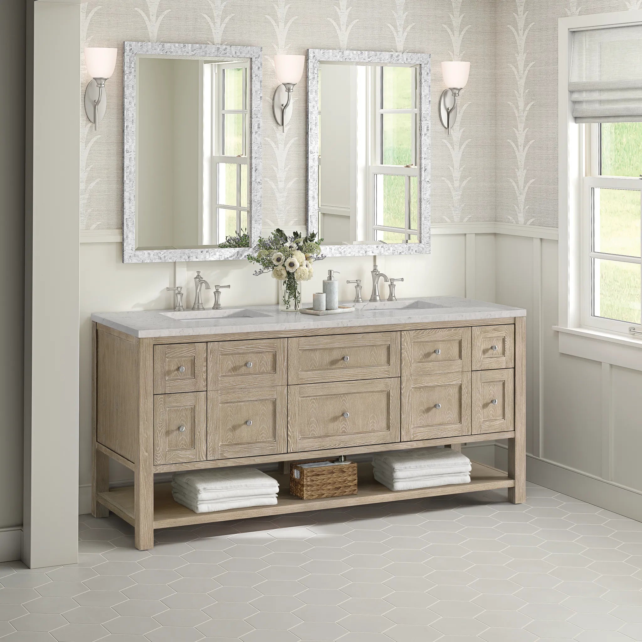 Breckenridge 72" Double Vanity in Whitewashed Oak Wireless Charger-Eternal Jasmine Pearl Silestone-8" Widespread image 6