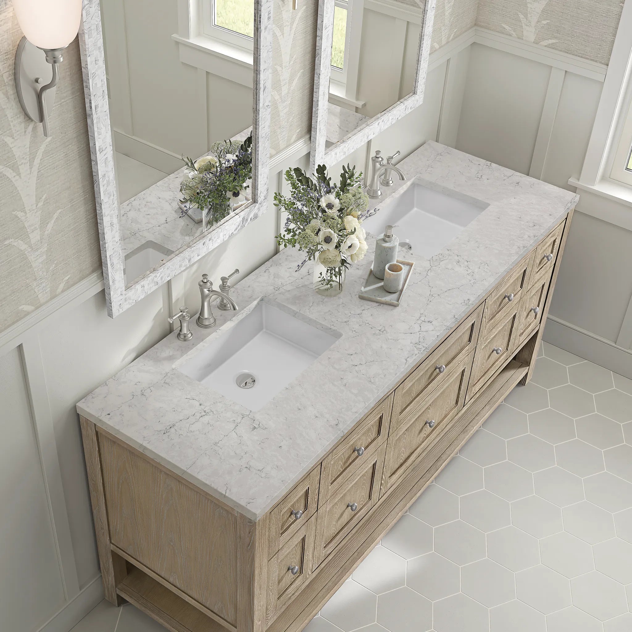 Breckenridge 72" Double Vanity in Whitewashed Oak Wireless Charger-Eternal Jasmine Pearl Silestone-8" Widespread image 9