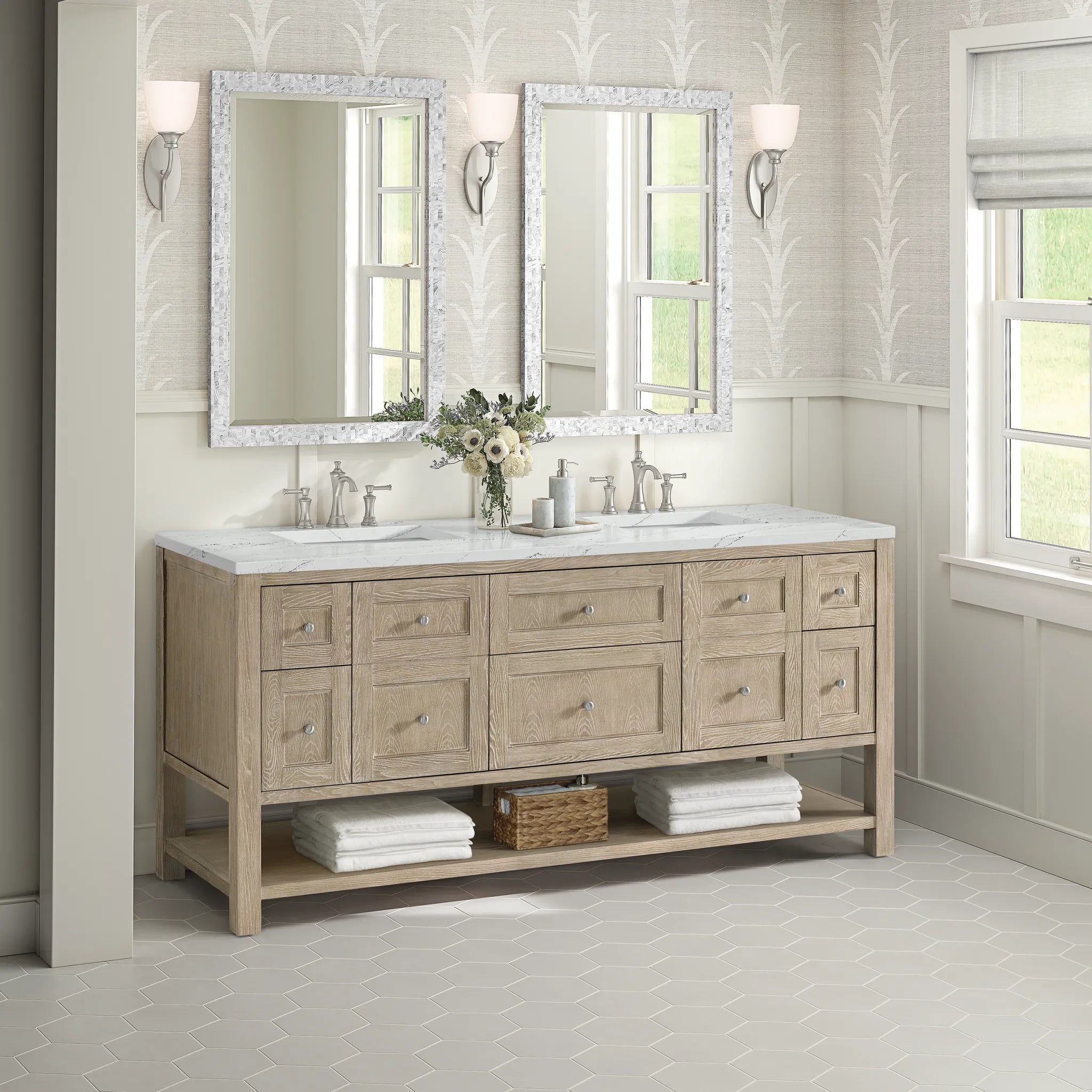 Breckenridge 72" Double Vanity in Whitewashed Oak Wireless Charger-Ethereal Noctis Silestone-8" Widespread image 6
