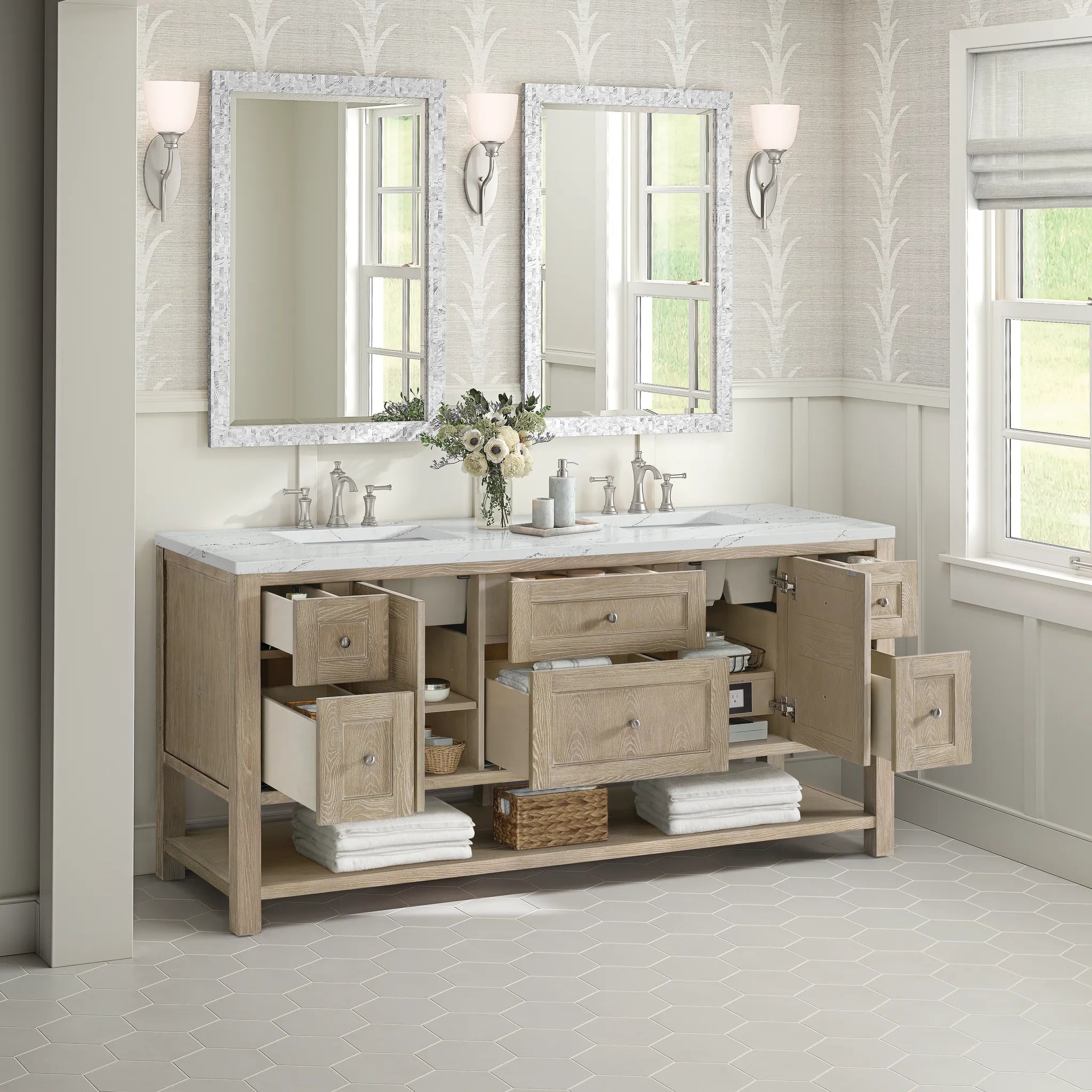 Breckenridge 72" Double Vanity in Whitewashed Oak Wireless Charger-Ethereal Noctis Silestone-8" Widespread image 7