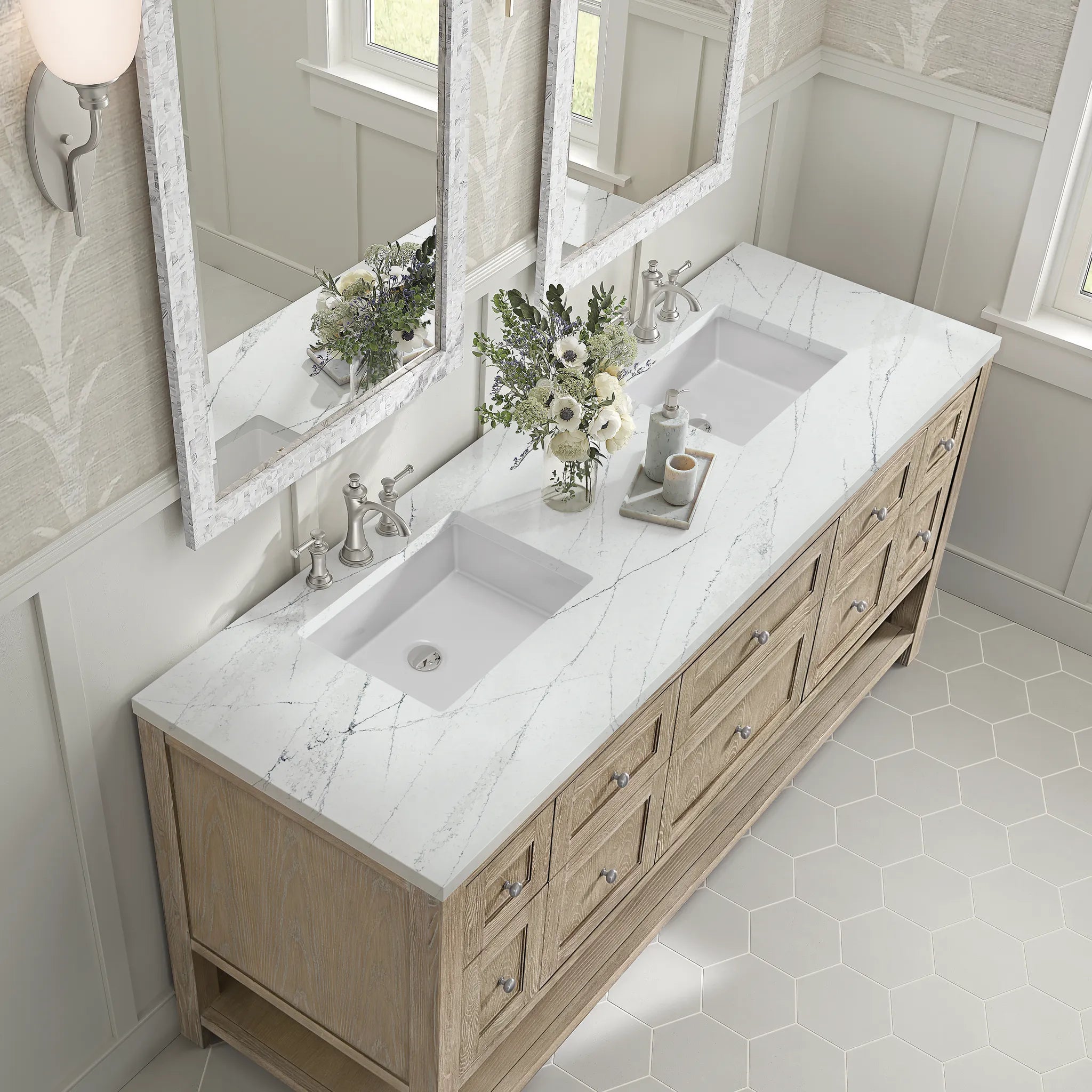 Breckenridge 72" Double Vanity in Whitewashed Oak Wireless Charger-Ethereal Noctis Silestone-8" Widespread image 9
