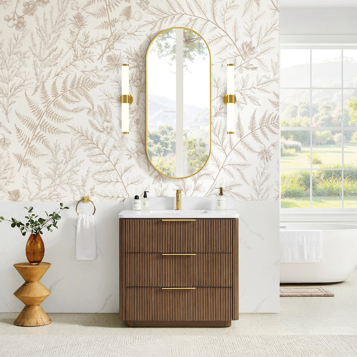 36 inch single sink vanity in Oak Light Walnut seen from the side in a softly lit bathroom